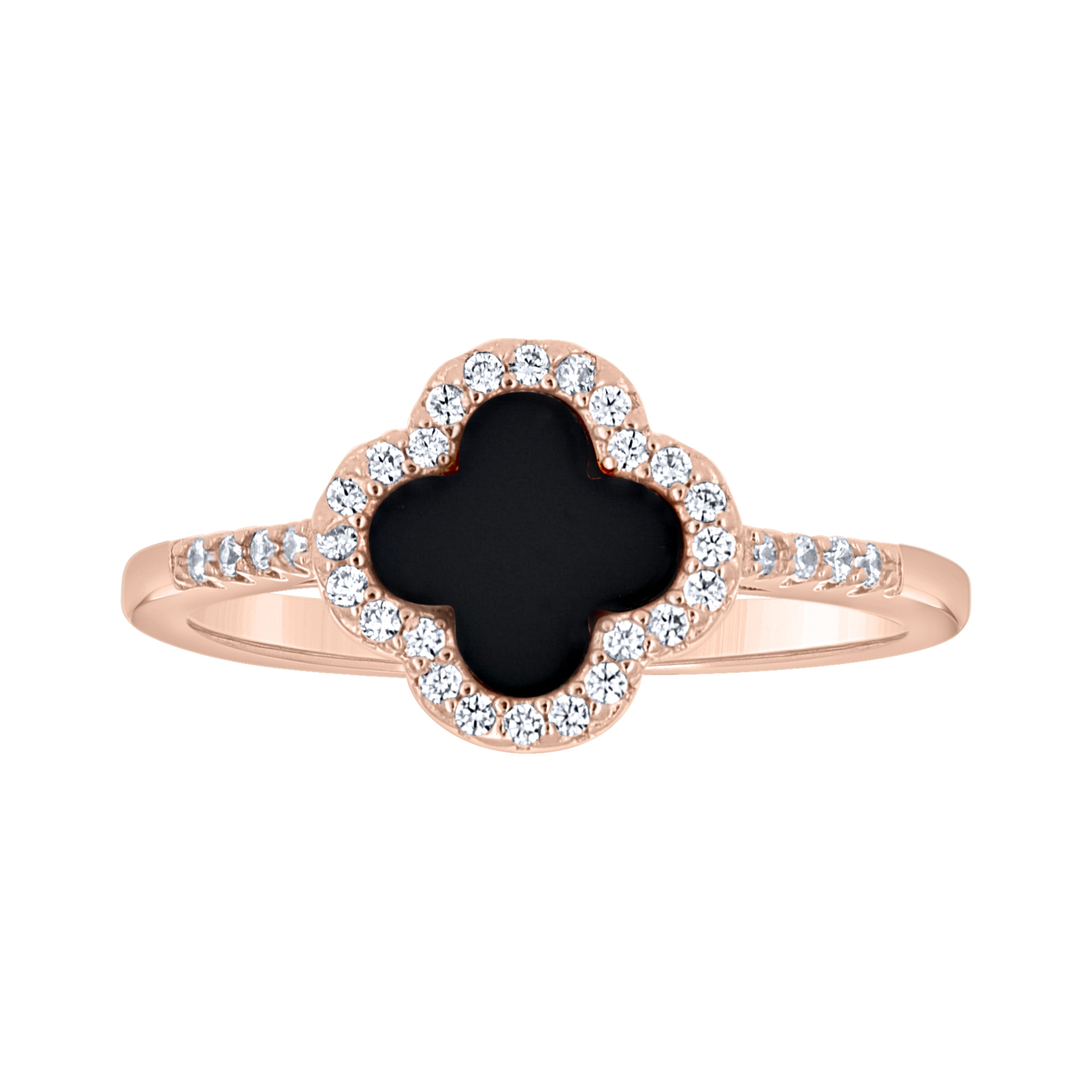 925 Sterling Silver Rose-Tone Womens Cubic-Zirconia Black Enameled Clover Good Luck Ring Size 10 - SLV-143240