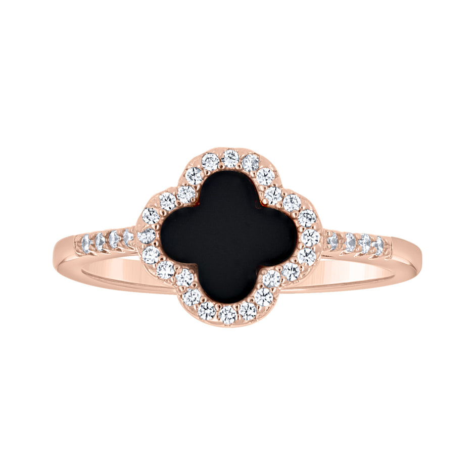 925 Sterling Silver Rose-Tone Womens Cubic-Zirconia Black Enameled Clover Good Luck Ring Size 10 - SLV-143240