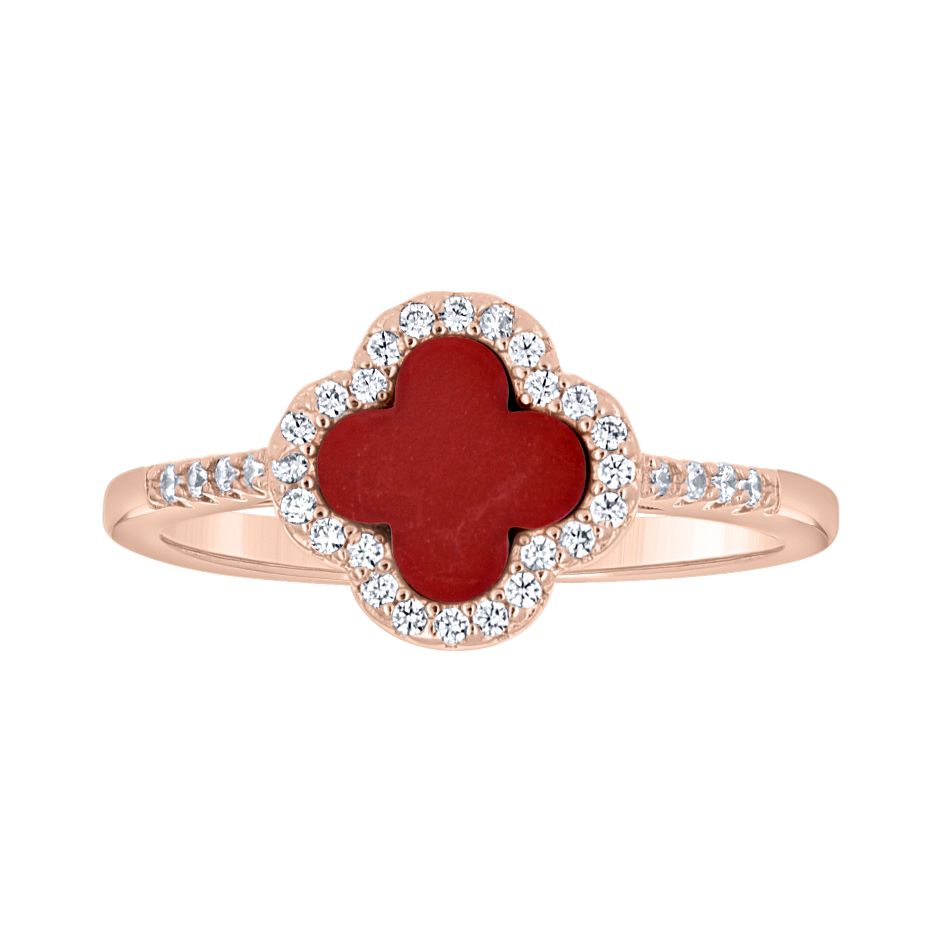 925 Sterling Silver Rose-Tone Womens Cubic-Zirconia Red Enameled Clover Good Luck Ring Size 5