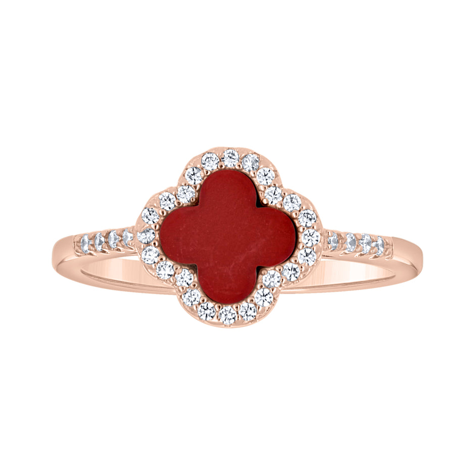 925 Sterling Silver Rose-Tone Womens Cubic-Zirconia Red Enameled Clover Good Luck Ring Size 9 - SLV-143246