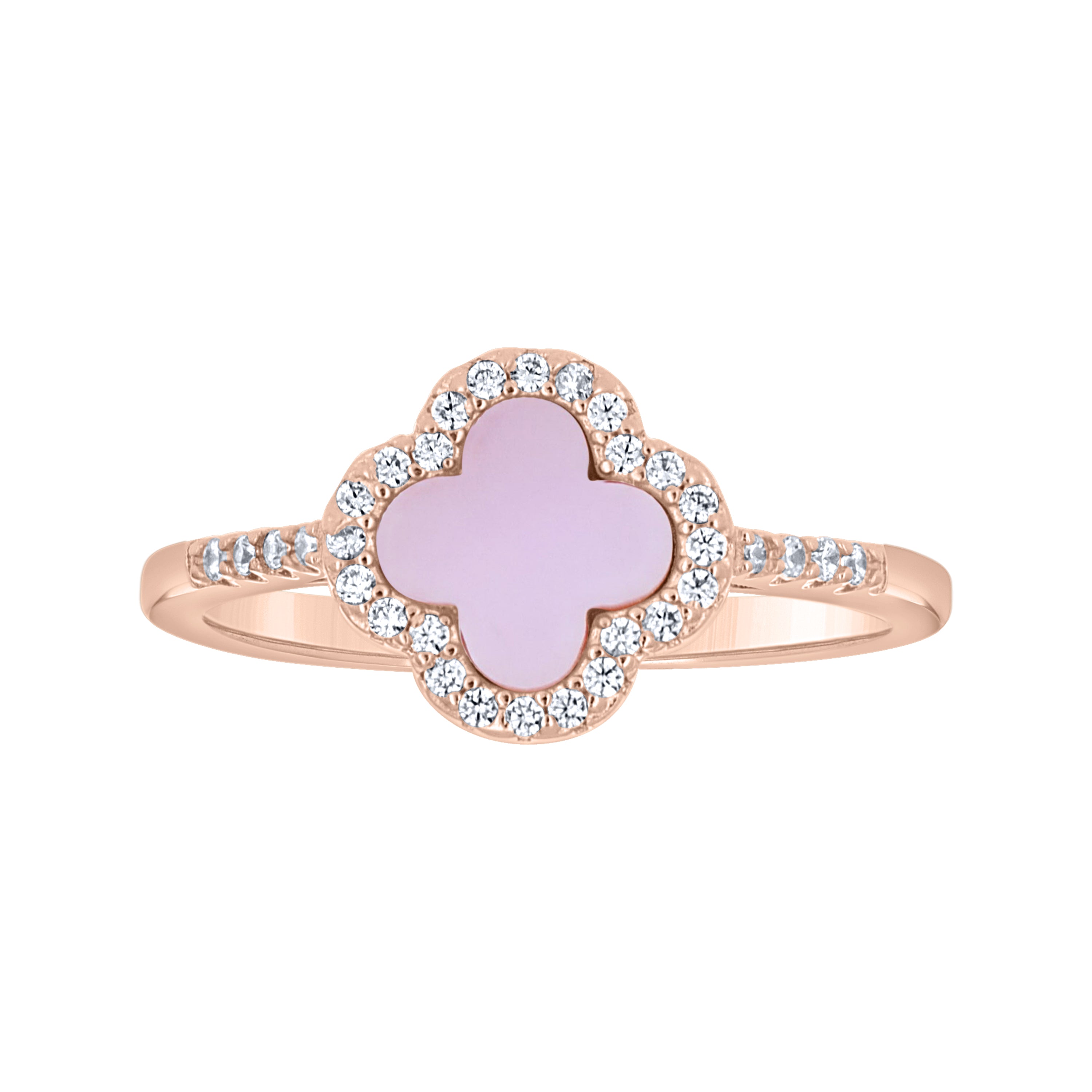 925 Sterling Silver Rose-Tone Womens Cubic-Zirconia Pink Enameled Clover Good Luck Ring Size 8 - SLV-143252