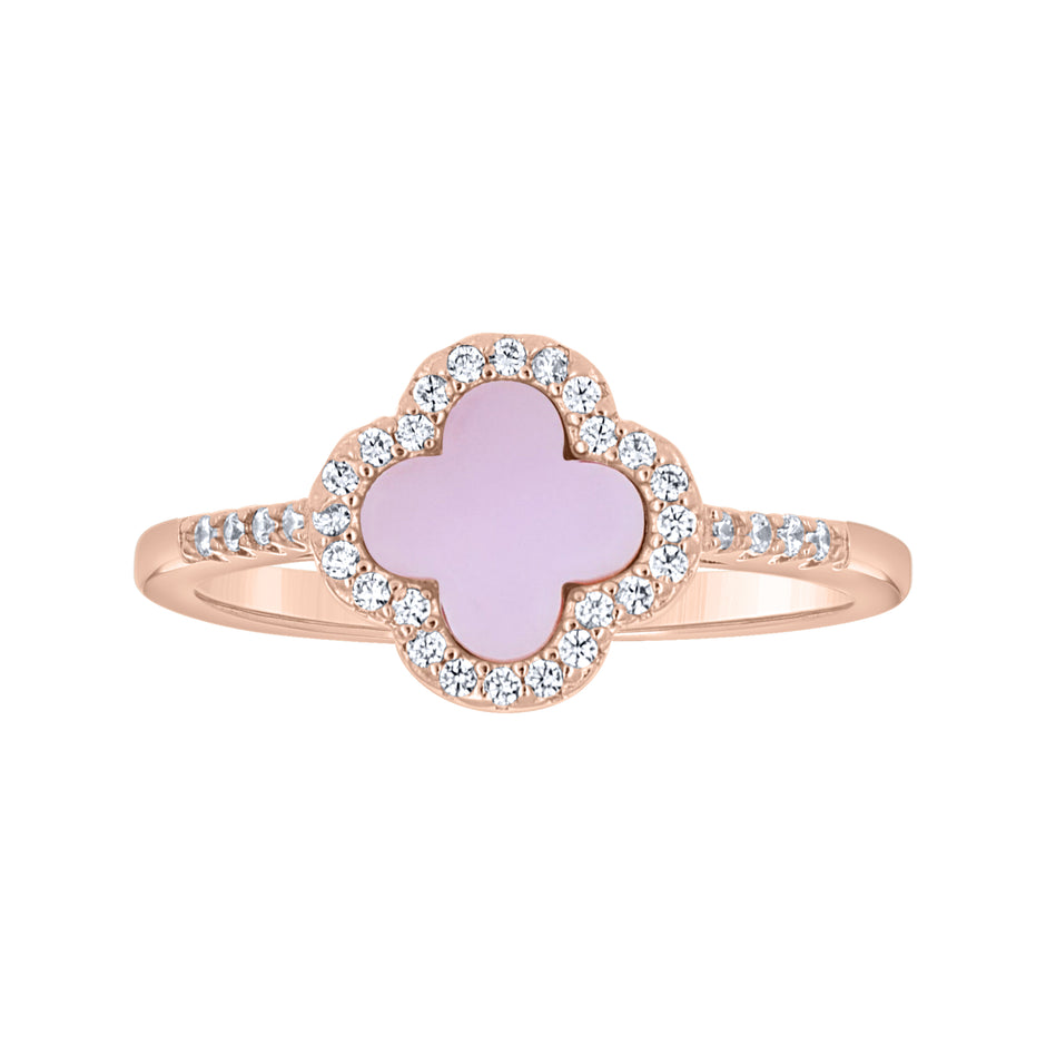 925 Sterling Silver Rose-Tone Womens Cubic-Zirconia Pink Enameled Clover Good Luck Ring Size 6 - SLV-143250