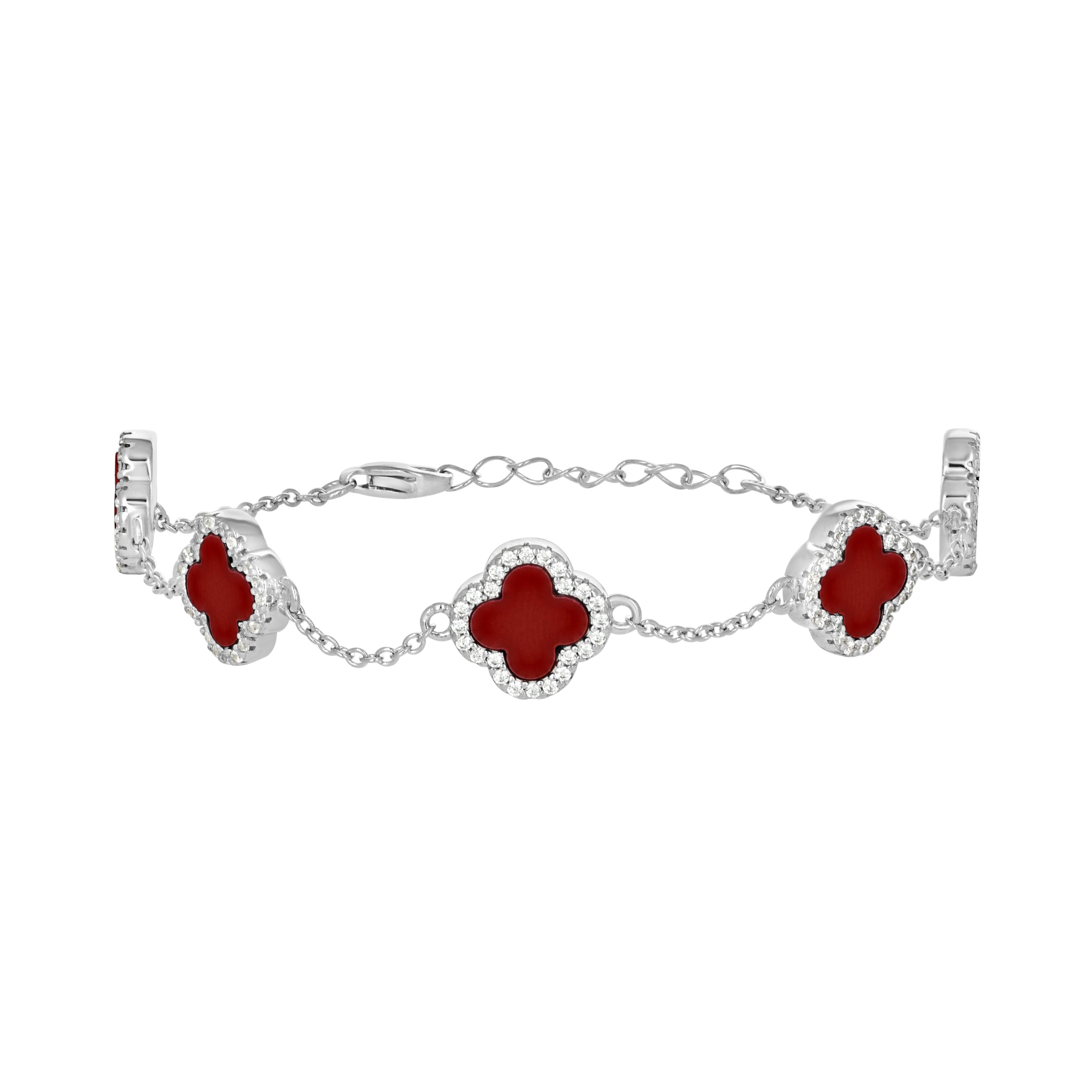 925 Sterling Silver Womens Cubic-Zirconia Red Enameled Clover Bracelet Size 8 Inches