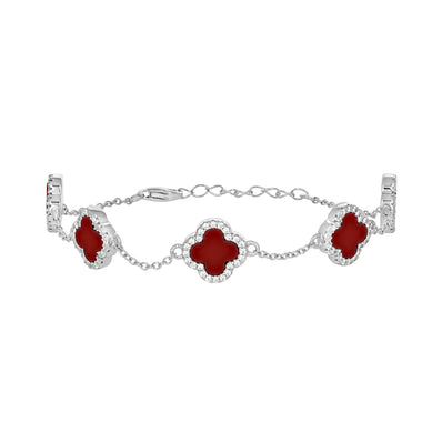 925 Sterling Silver Womens Cubic-Zirconia Red Enameled Clover Bracelet Size 8 Inches