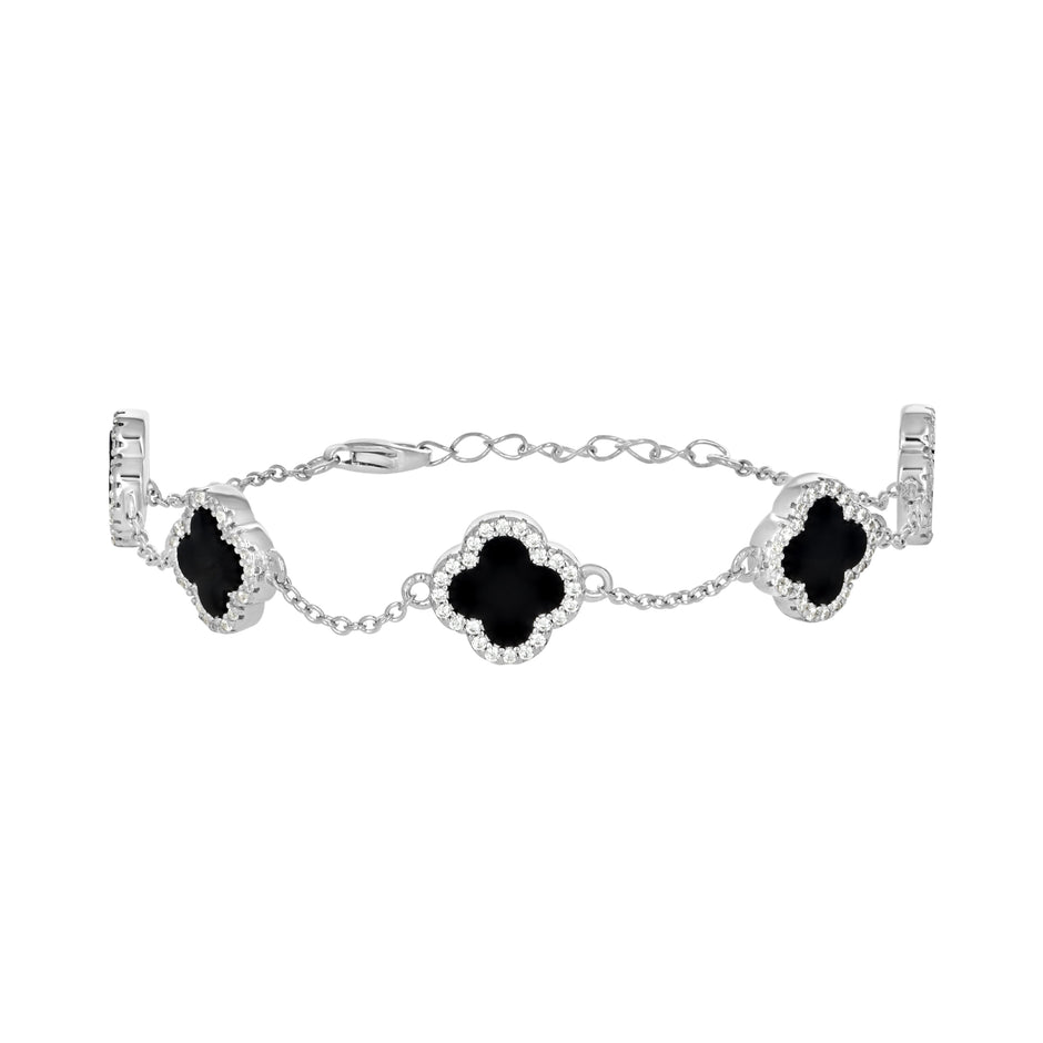 925 Sterling Silver Womens Cubic-Zirconia Black Enameled Clover Bracelet Size 8 Inches
