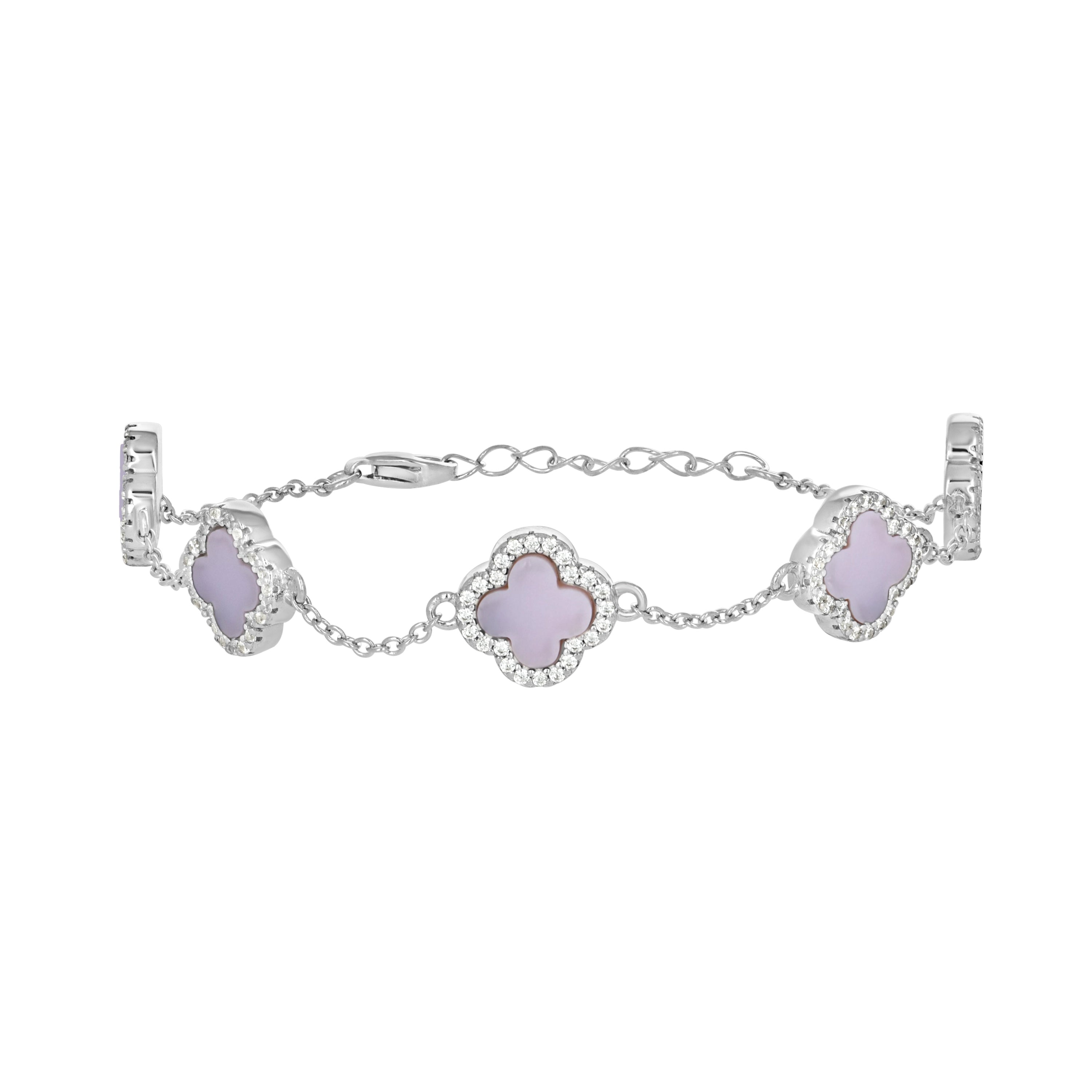 925 Sterling Silver Womens Cubic-Zirconia Purple Enameled Clover Bracelet Size 8 Inches