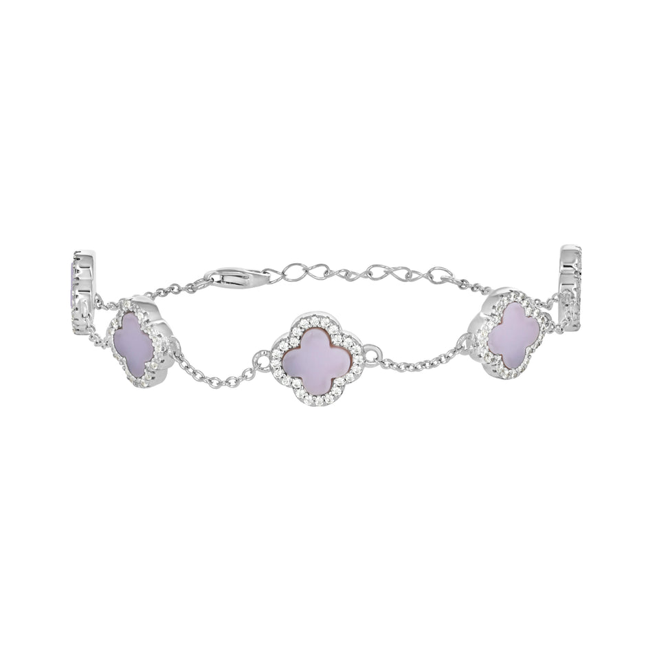 925 Sterling Silver Womens Cubic-Zirconia Purple Enameled Clover Bracelet Size 8 Inches