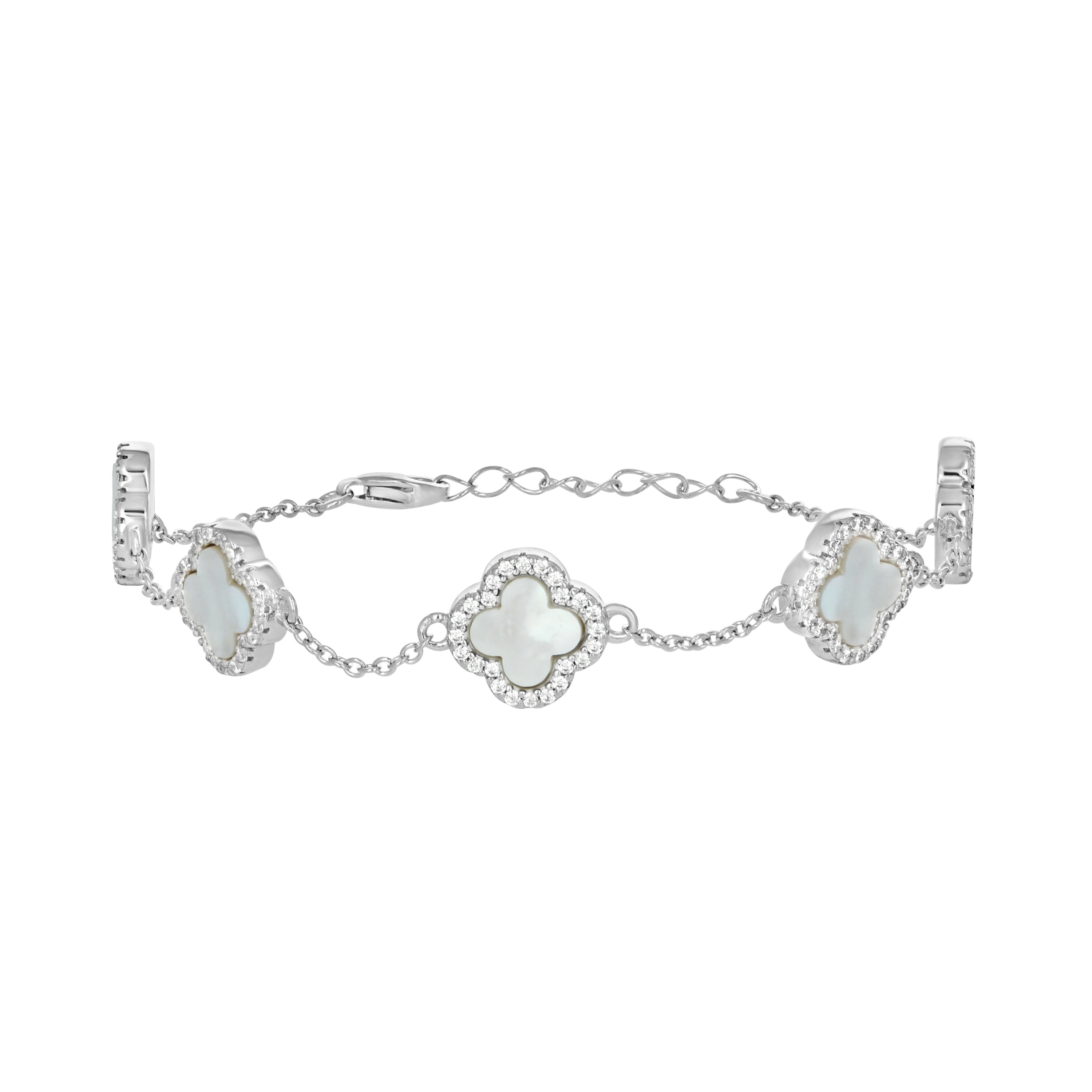 925 Sterling Silver Womens Cubic-Zirconia White Enameled Clover Bracelet Size 8 Inches