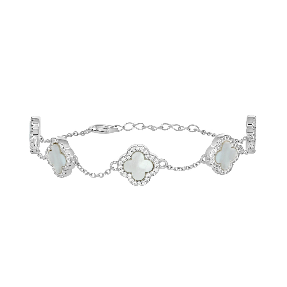 925 Sterling Silver Womens Cubic-Zirconia White Enameled Clover Bracelet Size 8 Inches