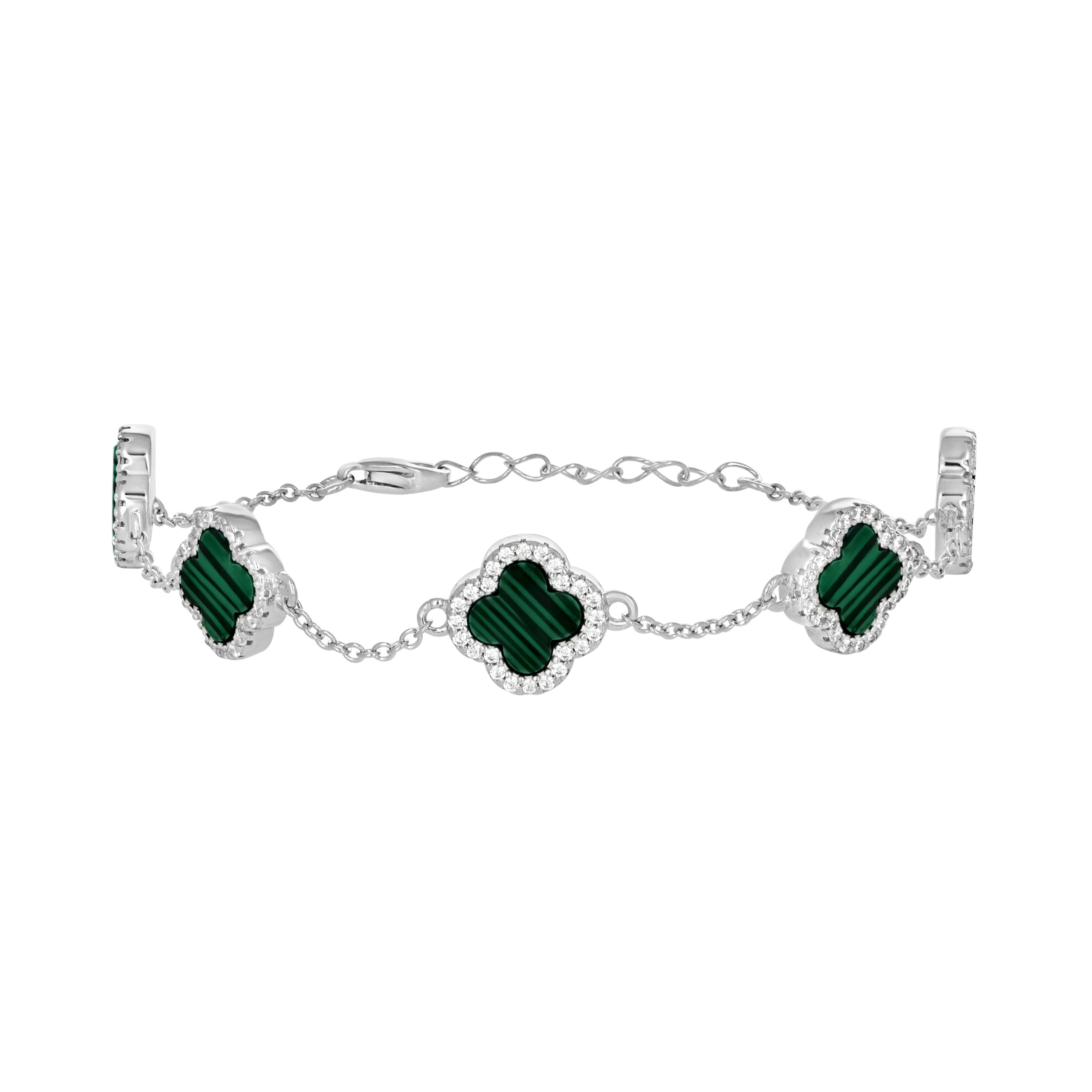 925 Sterling Silver Womens Cubic-Zirconia Green Enameled Clover Bracelet Size 8 Inches