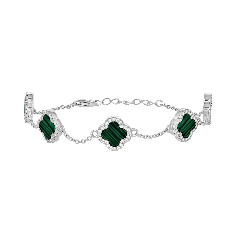 925 Sterling Silver Womens Cubic-Zirconia Green Enameled Clover Bracelet Size 8 Inches