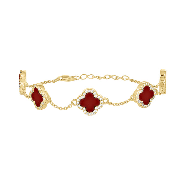925 Sterling Silver Yellow-Tone Womens Cubic-Zirconia Red Enameled Clover Bracelet Size 8 Inches