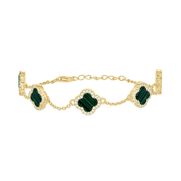 925 Sterling Silver Yellow-Tone Womens Cubic-Zirconia Green Enameled Clover Bracelet Size 8 Inches