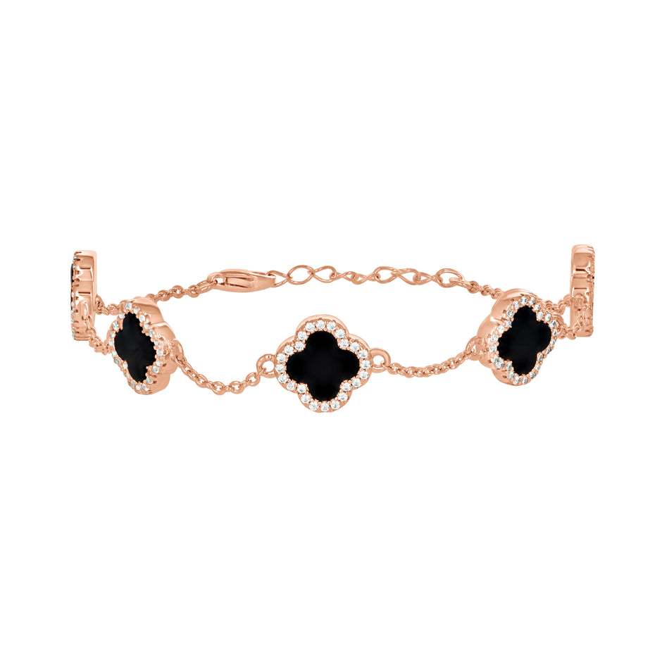925 Sterling Silver Rose-Tone Womens Cubic-Zirconia Black Enameled Clover Bracelet Size 8 Inches