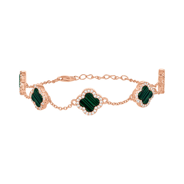 925 Sterling Silver Rose-Tone Womens Cubic-Zirconia Green Enameled Clover Bracelet Size 8 Inches