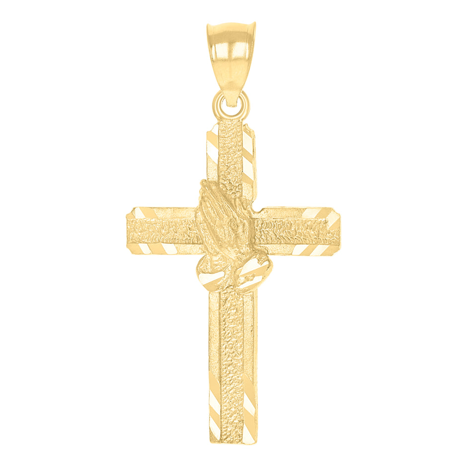 10kt Yellow Gold Diamond-Cut Unisex Cross Praying Hands Religious Charm Pendant
