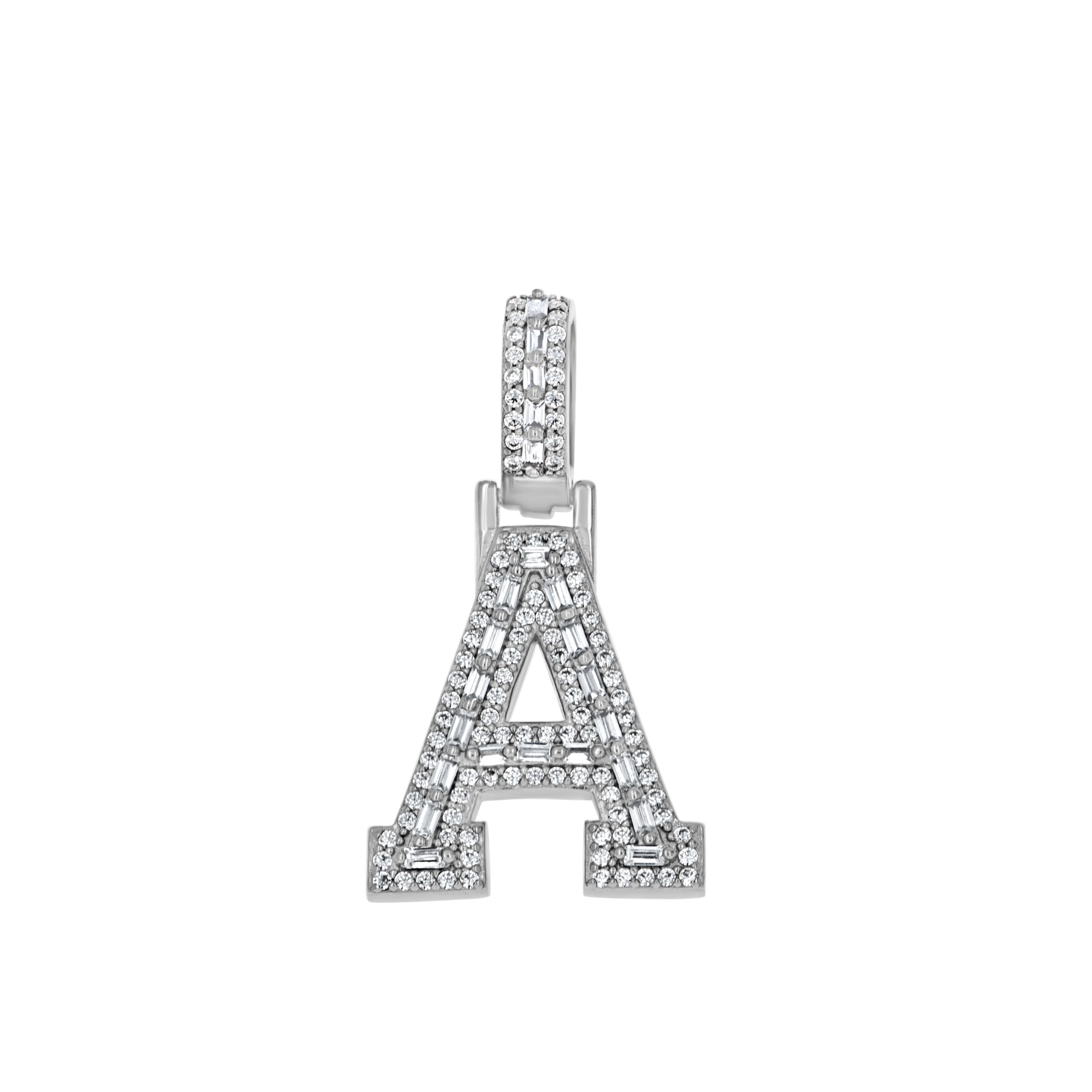 925 Sterling Silver Unisex Round Baguette Cubic Zirconia Initial Letter A Charm Pendant