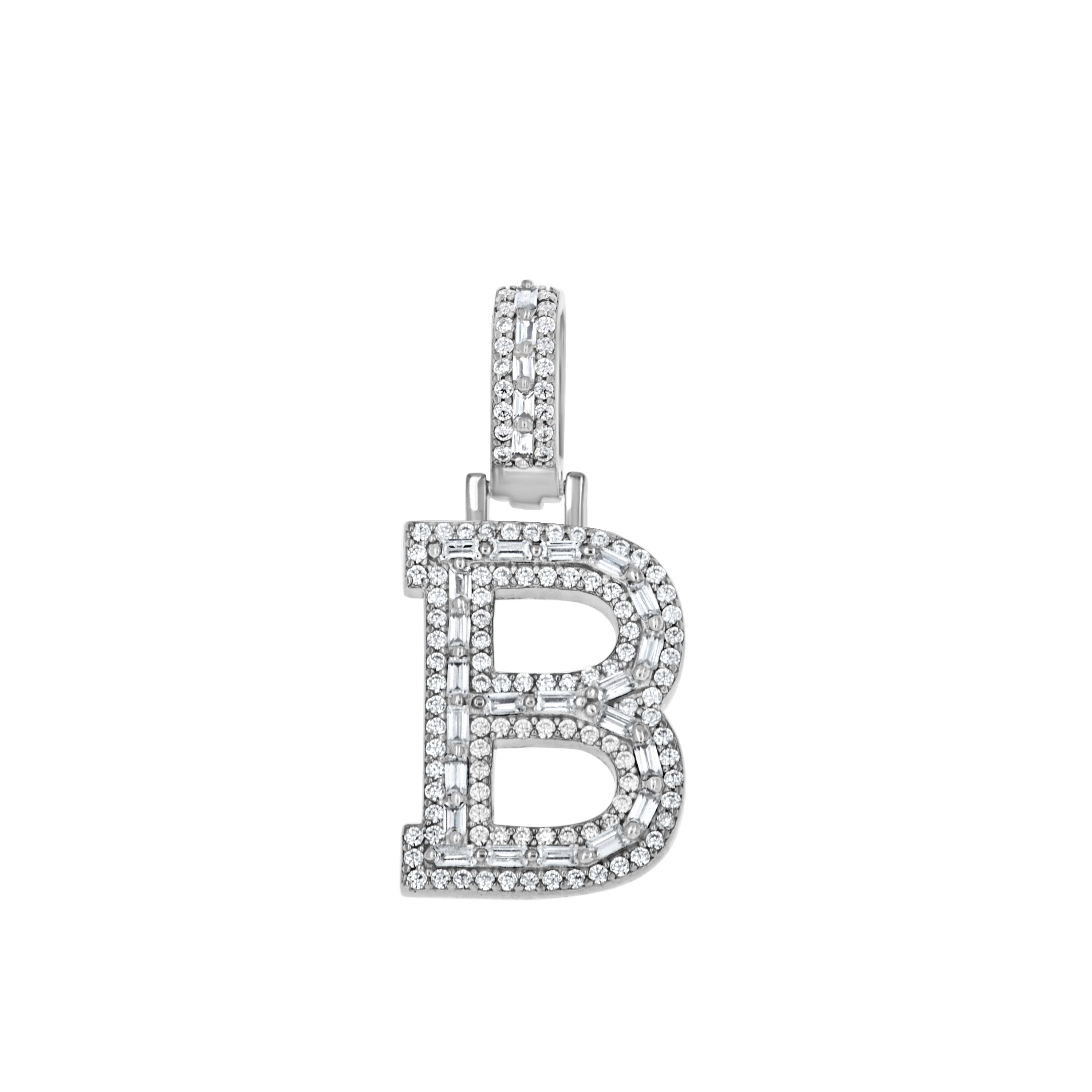 925 Sterling Silver Unisex Round Baguette Cubic Zirconia Initial Letter B Charm Pendant