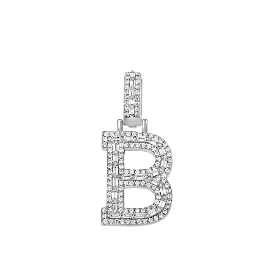 925 Sterling Silver Unisex Round Baguette Cubic Zirconia Initial Letter B Charm Pendant