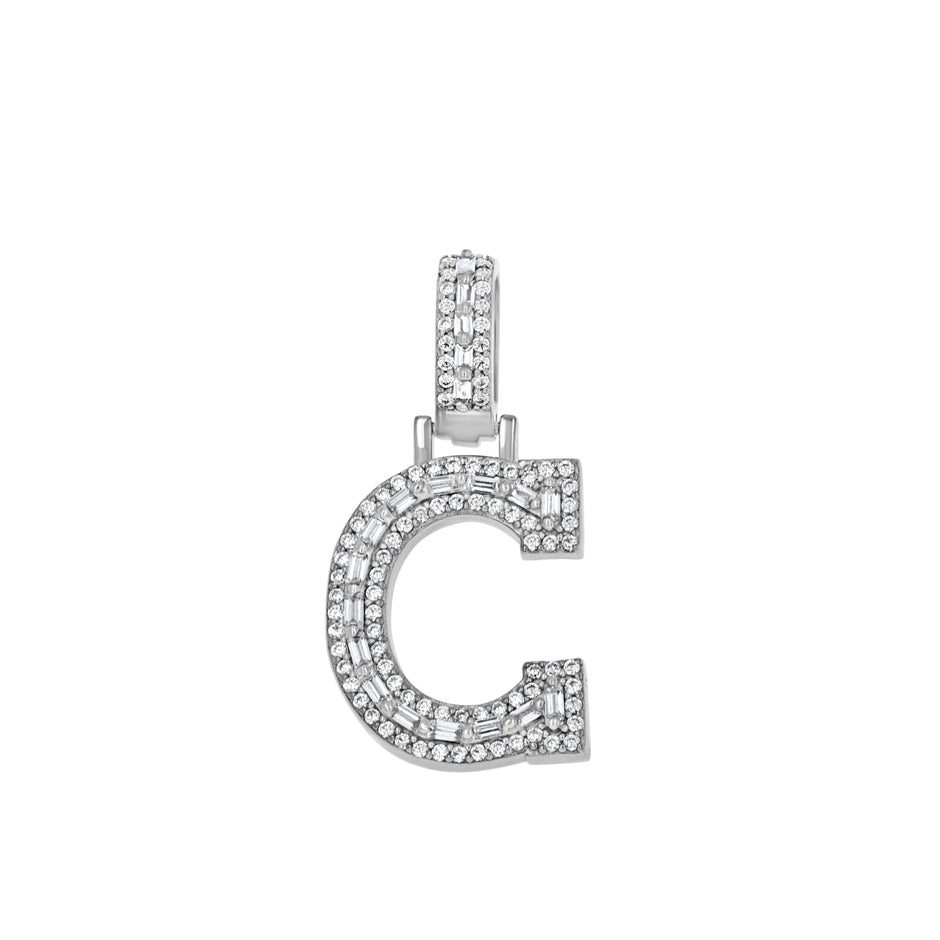 925 Sterling Silver Unisex Round Baguette Cubic Zirconia Initial Letter C Charm Pendant