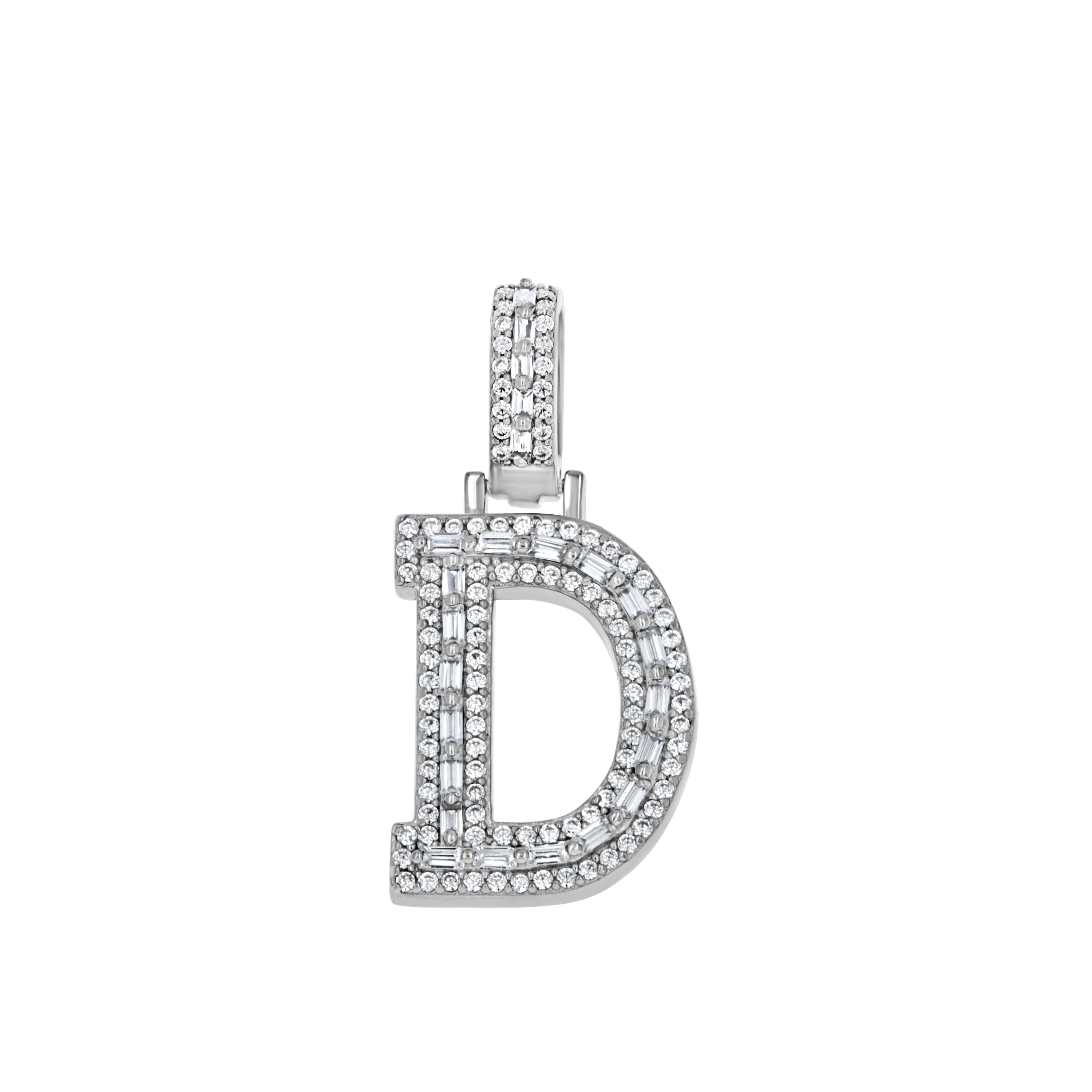 925 Sterling Silver Unisex Round Baguette Cubic Zirconia Initial Letter D Charm Pendant