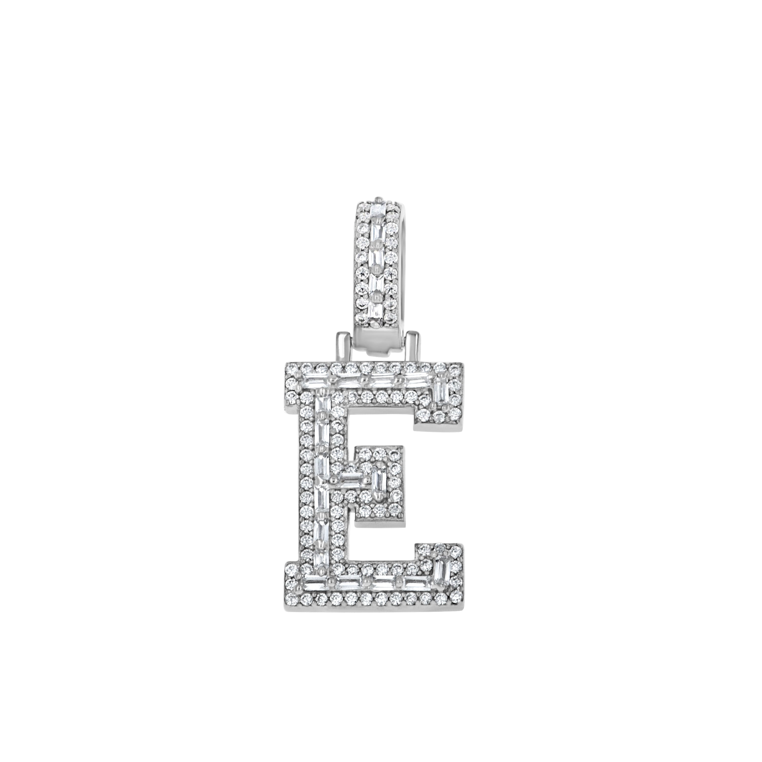 925 Sterling Silver Unisex Round Baguette Cubic Zirconia Initial Letter E Charm Pendant