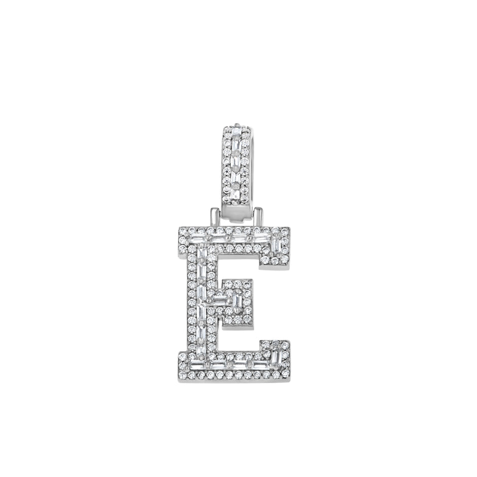 925 Sterling Silver Unisex Round Baguette Cubic Zirconia Initial Letter E Charm Pendant