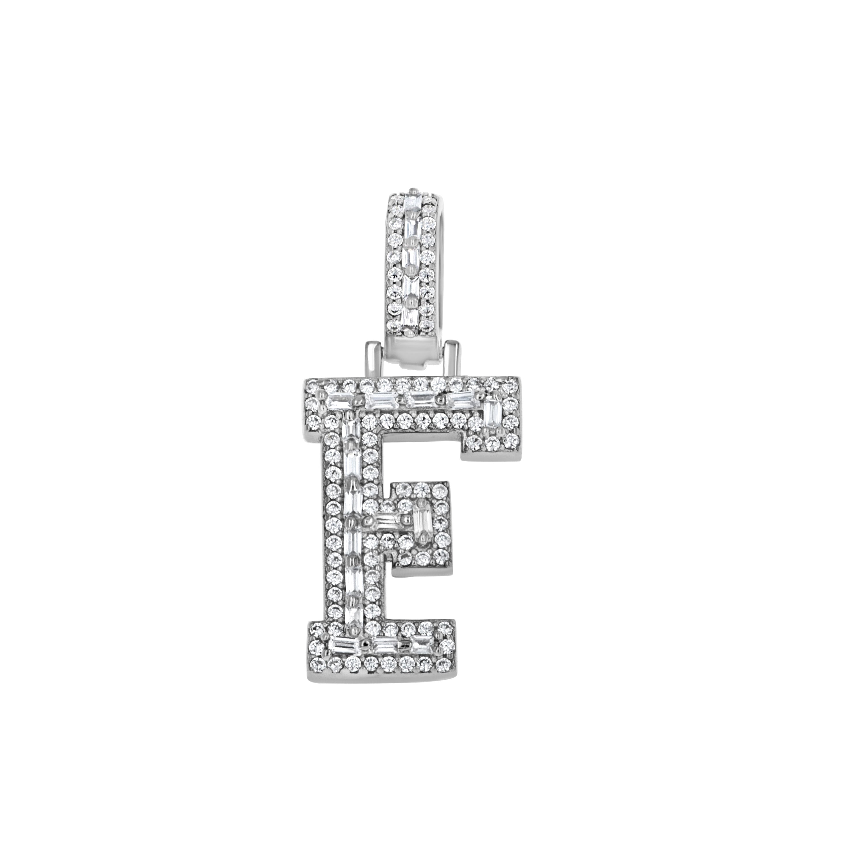 925 Sterling Silver Unisex Round Baguette Cubic Zirconia Initial Letter F Charm Pendant
