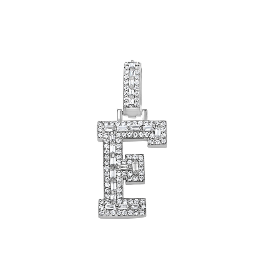 925 Sterling Silver Unisex Round Baguette Cubic Zirconia Initial Letter F Charm Pendant