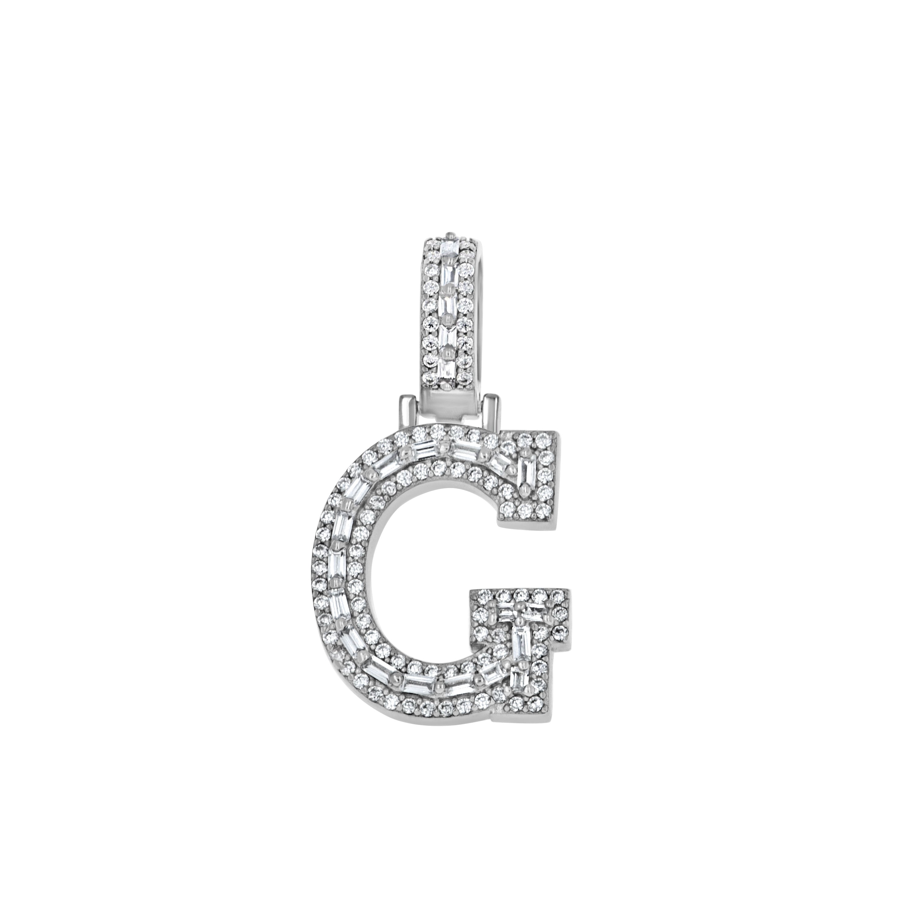 925 Sterling Silver Unisex Round Baguette Cubic Zirconia Initial Letter G Charm Pendant