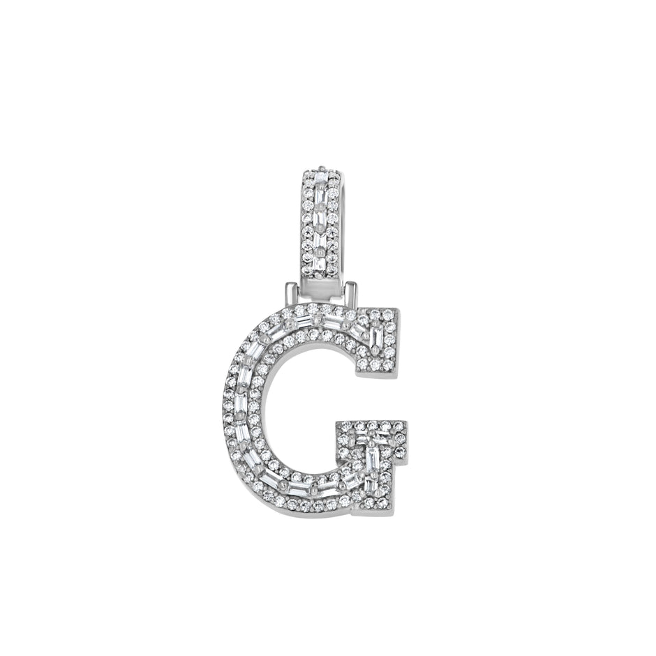 925 Sterling Silver Unisex Round Baguette Cubic Zirconia Initial Letter G Charm Pendant