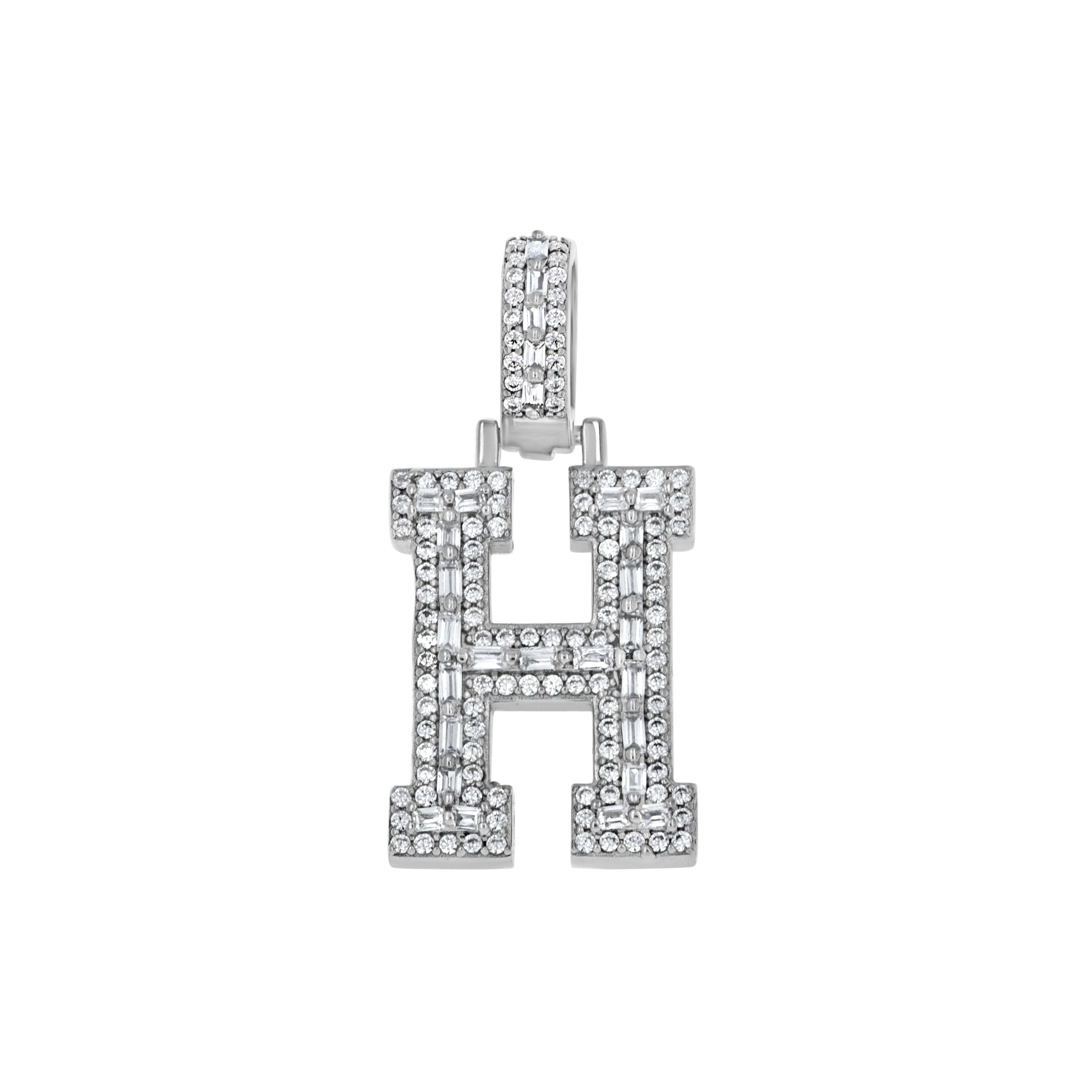 925 Sterling Silver Unisex Round Baguette Cubic Zirconia Initial Letter H Charm Pendant