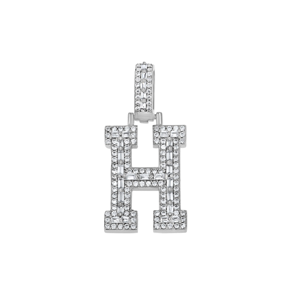 925 Sterling Silver Unisex Round Baguette Cubic Zirconia Initial Letter H Charm Pendant
