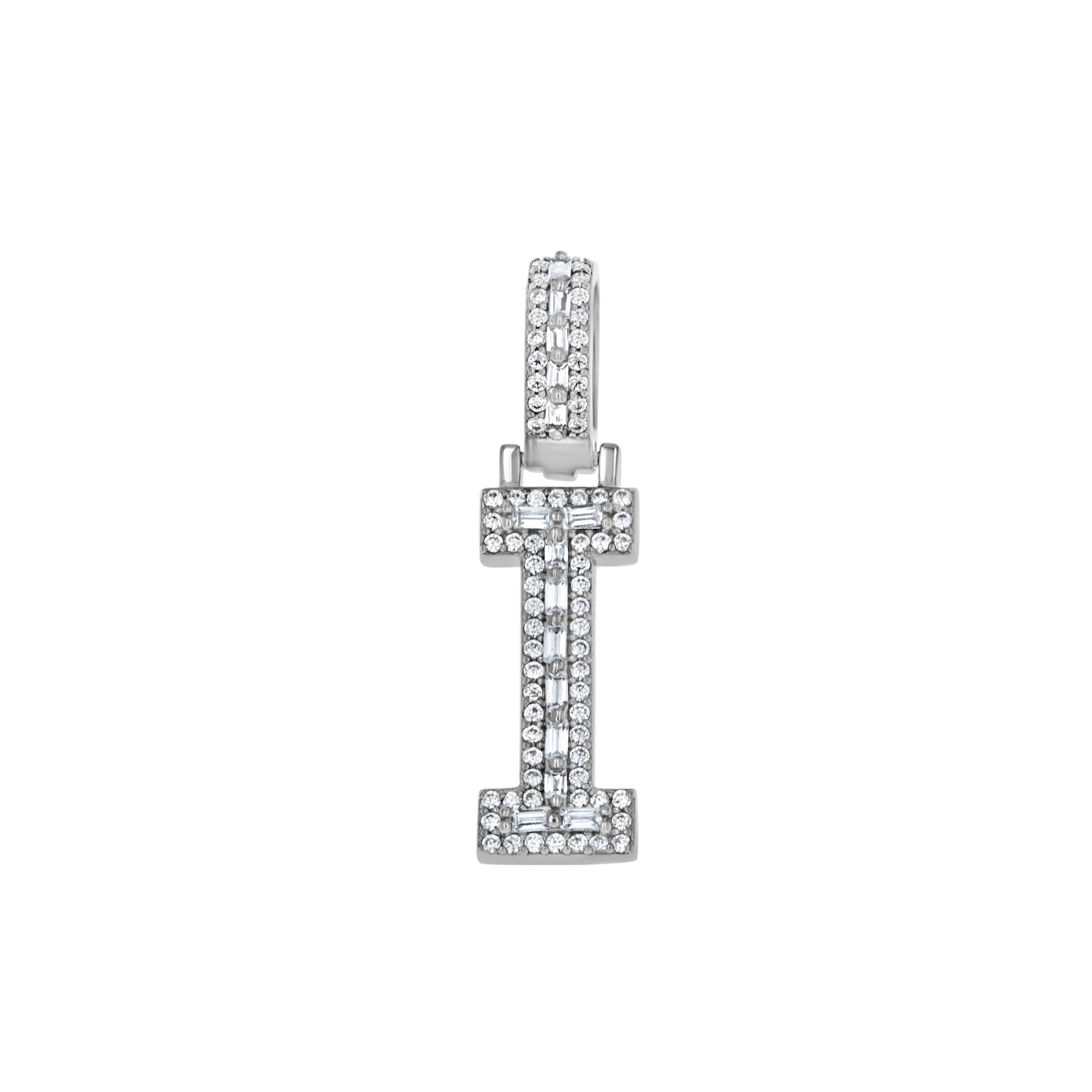 925 Sterling Silver Unisex Round Baguette Cubic Zirconia Initial Letter I Charm Pendant