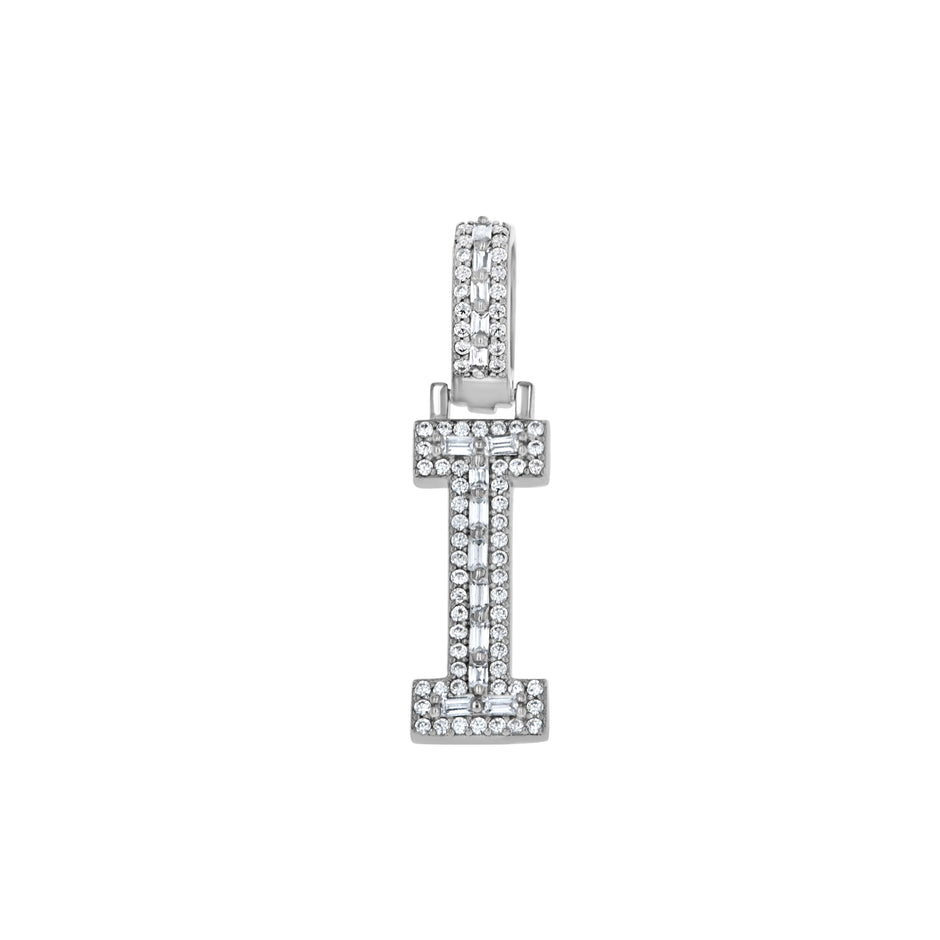 925 Sterling Silver Unisex Round Baguette Cubic Zirconia Initial Letter I Charm Pendant
