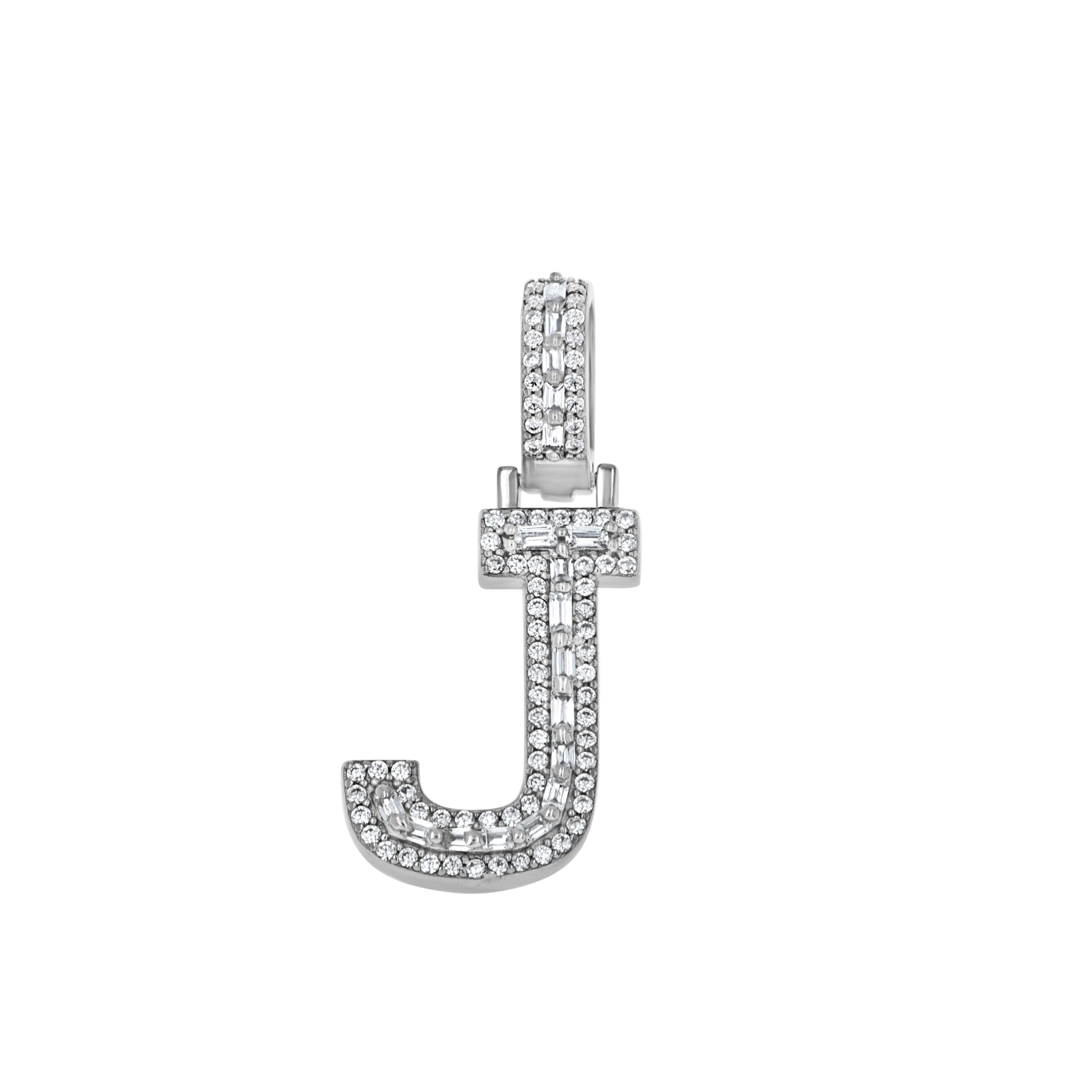 925 Sterling Silver Unisex Round Baguette Cubic Zirconia Initial Letter J Charm Pendant