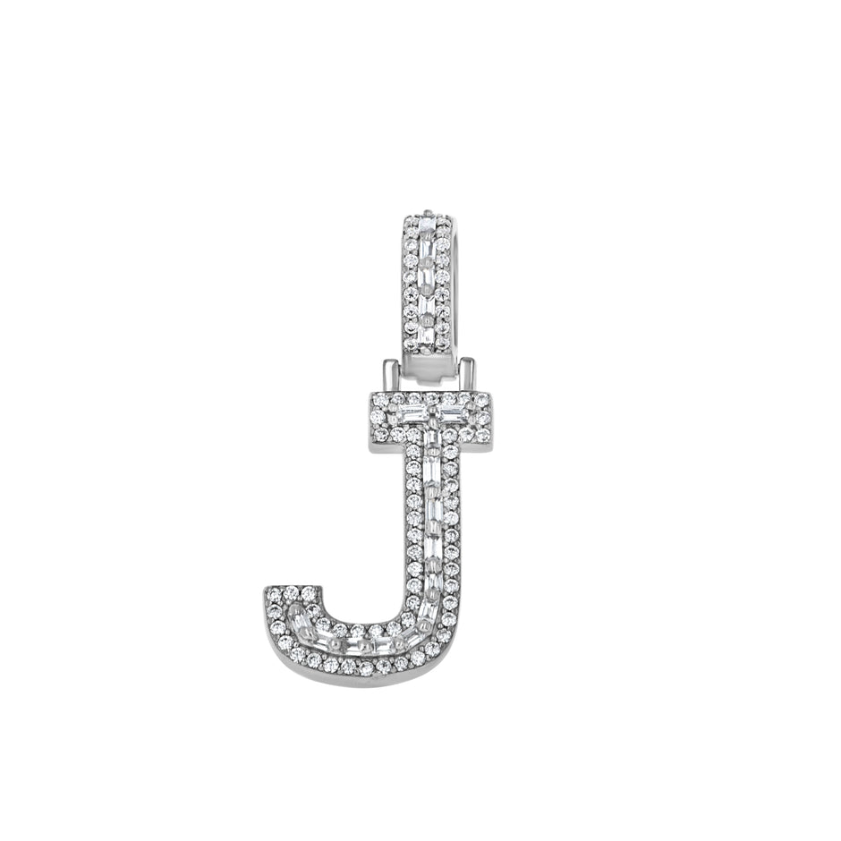 925 Sterling Silver Unisex Round Baguette Cubic Zirconia Initial Letter J Charm Pendant