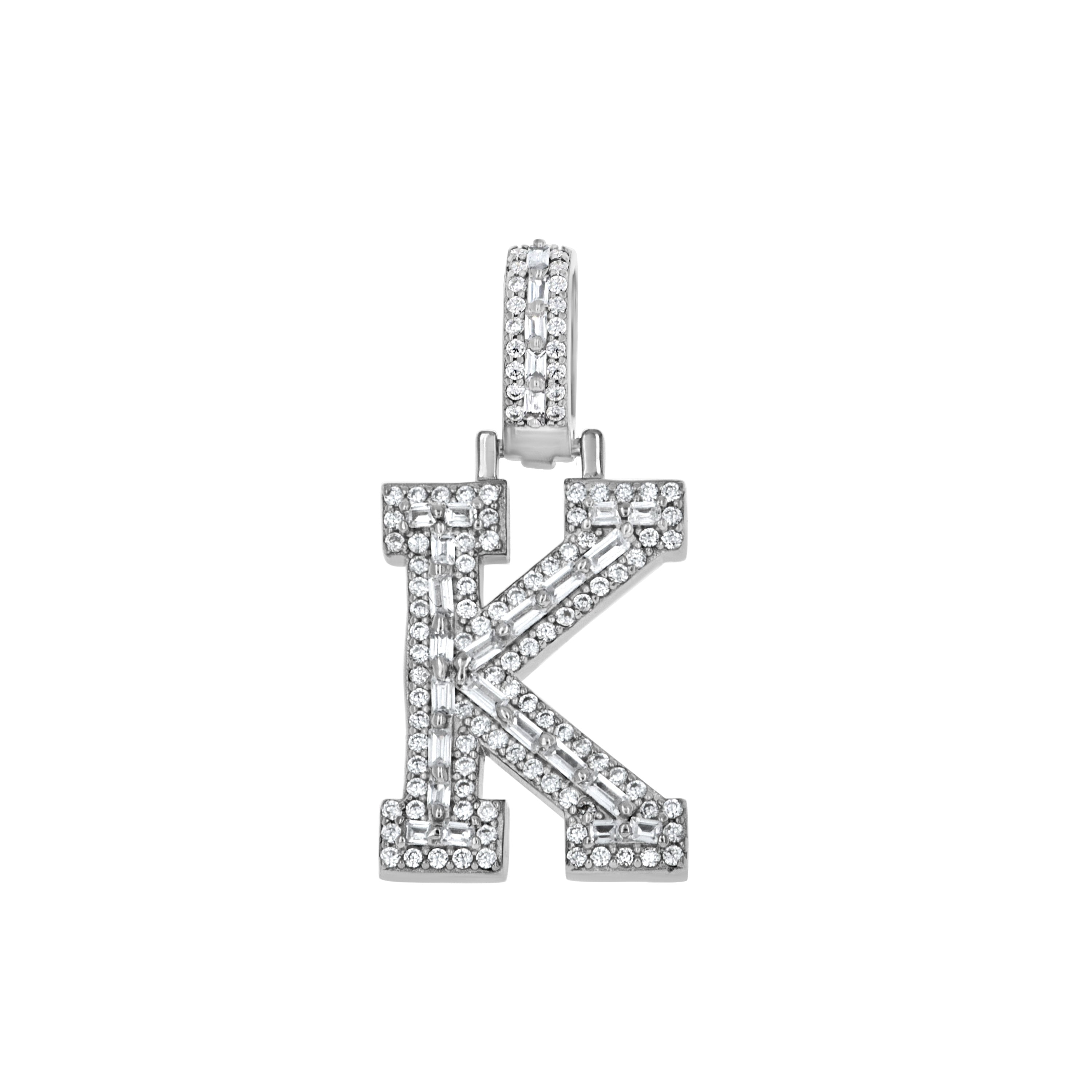 925 Sterling Silver Unisex Round Baguette Cubic Zirconia Initial Letter K Charm Pendant