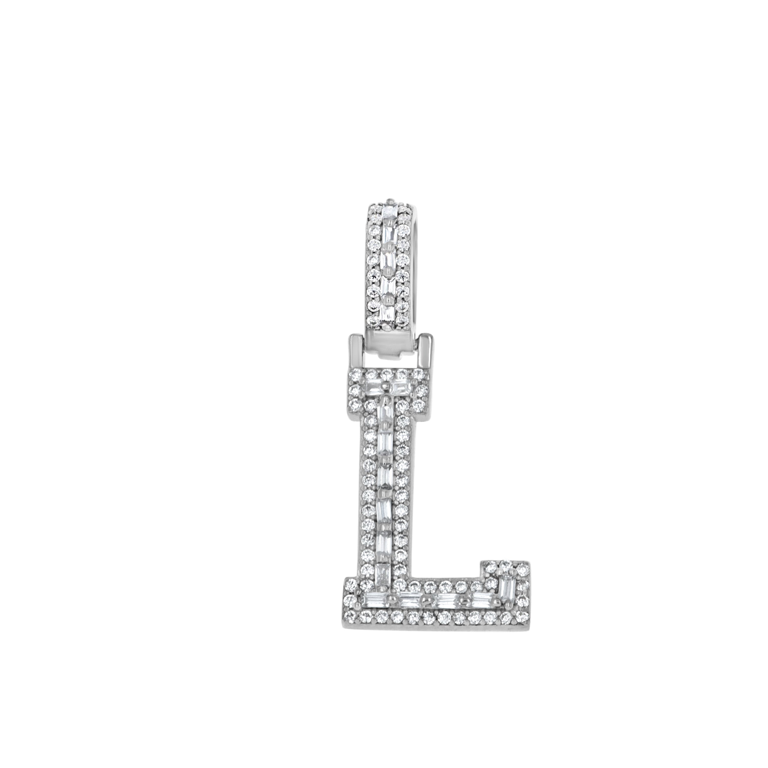 925 Sterling Silver Unisex Round Baguette Cubic Zirconia Initial Letter L Charm Pendant