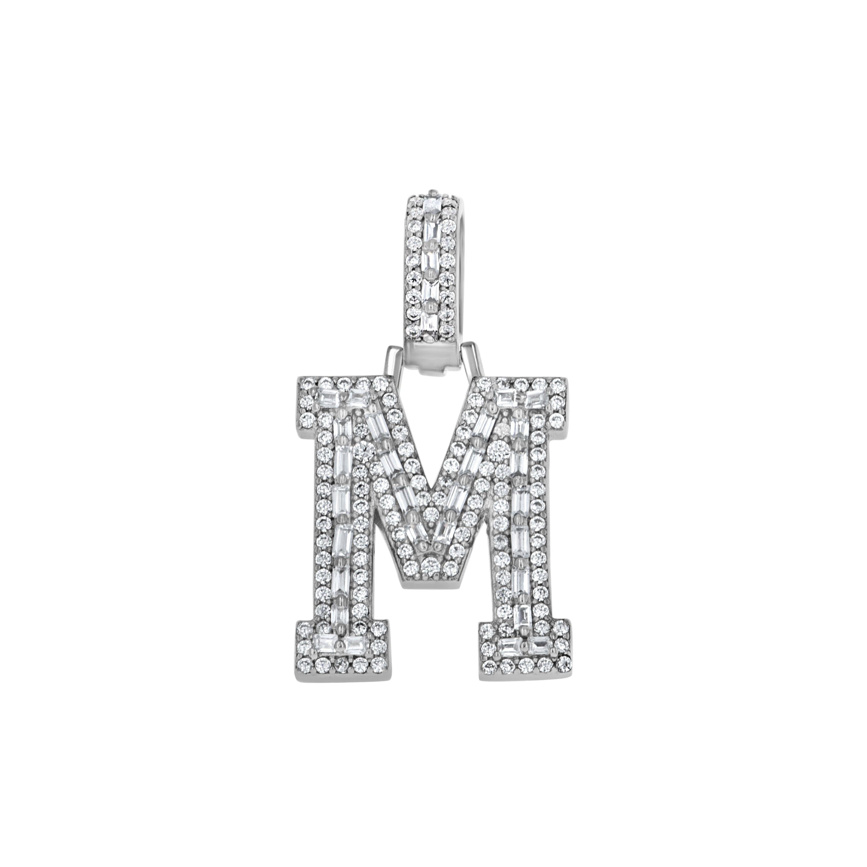 925 Sterling Silver Unisex Round Baguette Cubic Zirconia Initial Letter M Charm Pendant