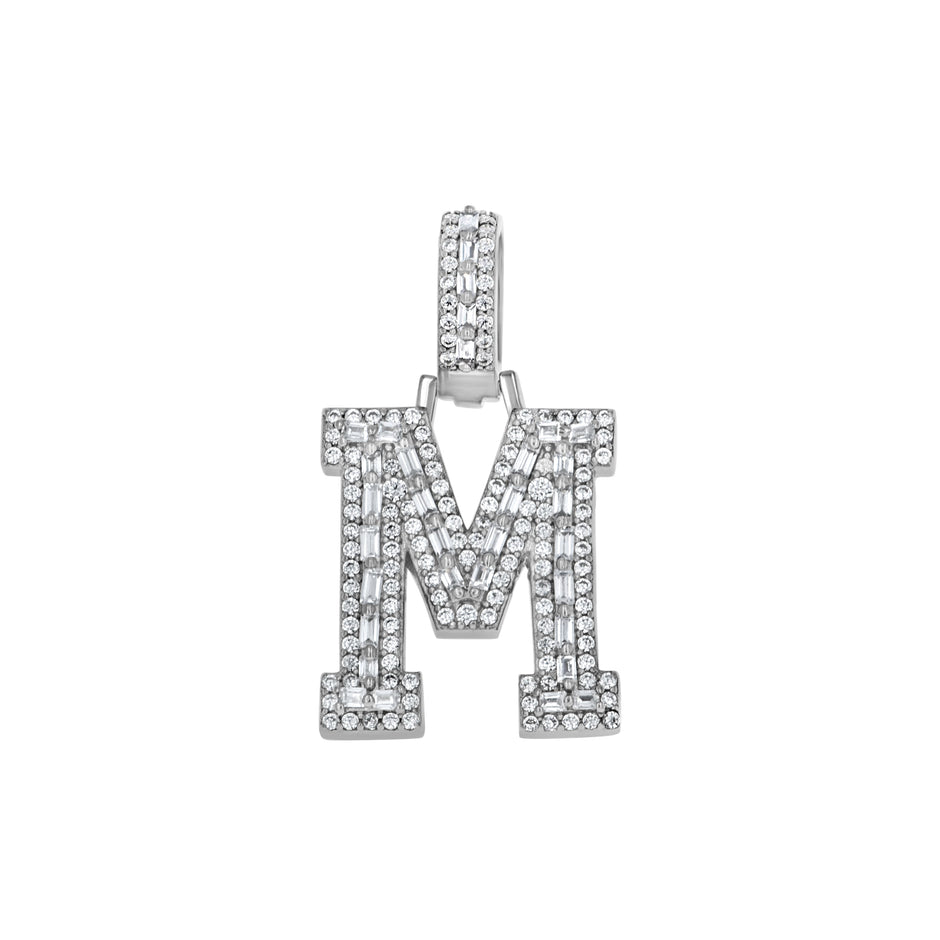 925 Sterling Silver Unisex Round Baguette Cubic Zirconia Initial Letter M Charm Pendant