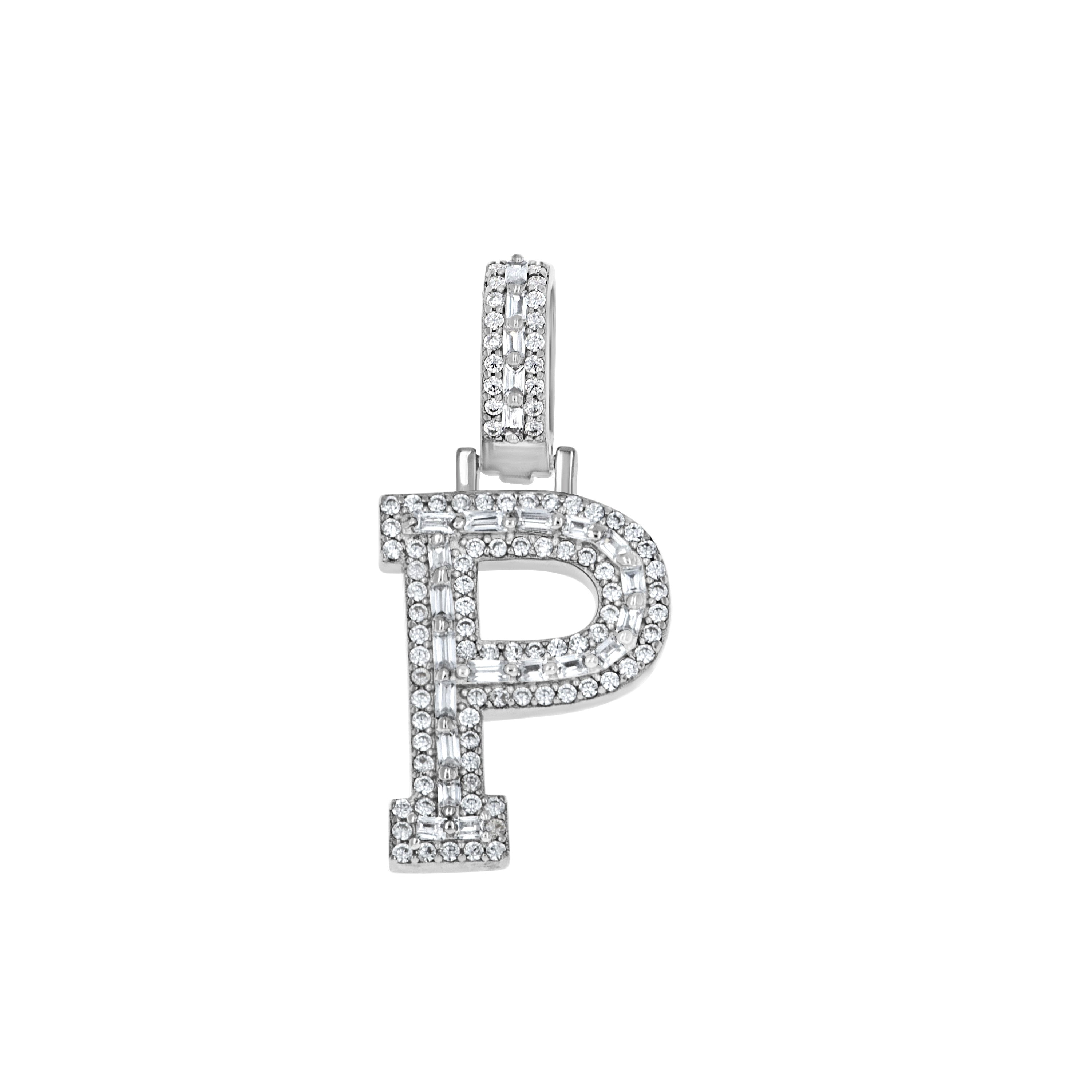 925 Sterling Silver Unisex Round Baguette Cubic Zirconia Initial Letter P Charm Pendant