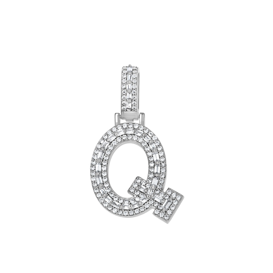 925 Sterling Silver Unisex Round Baguette Cubic Zirconia Initial Letter Q Charm Pendant