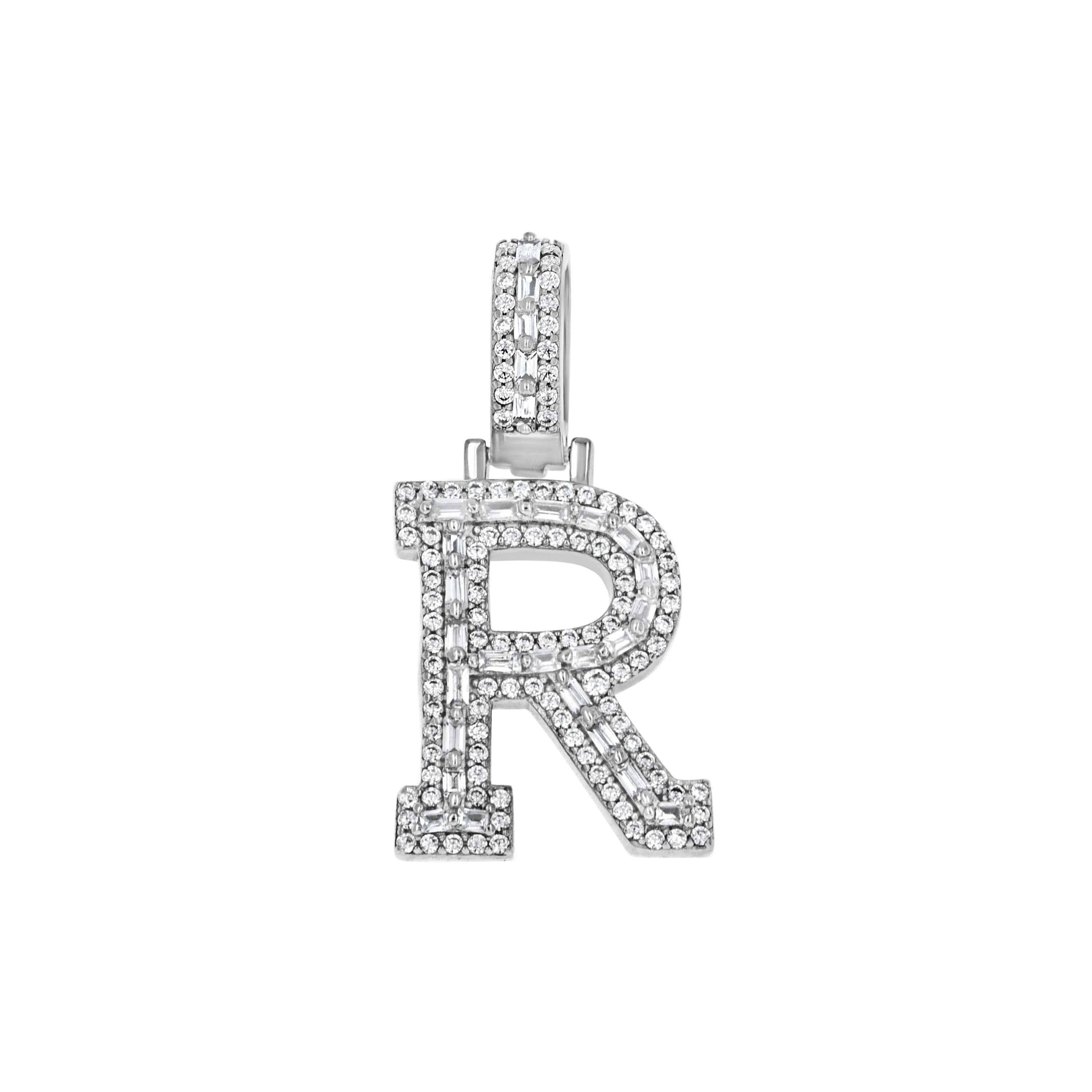 925 Sterling Silver Unisex Round Baguette Cubic Zirconia Initial Letter R Charm Pendant