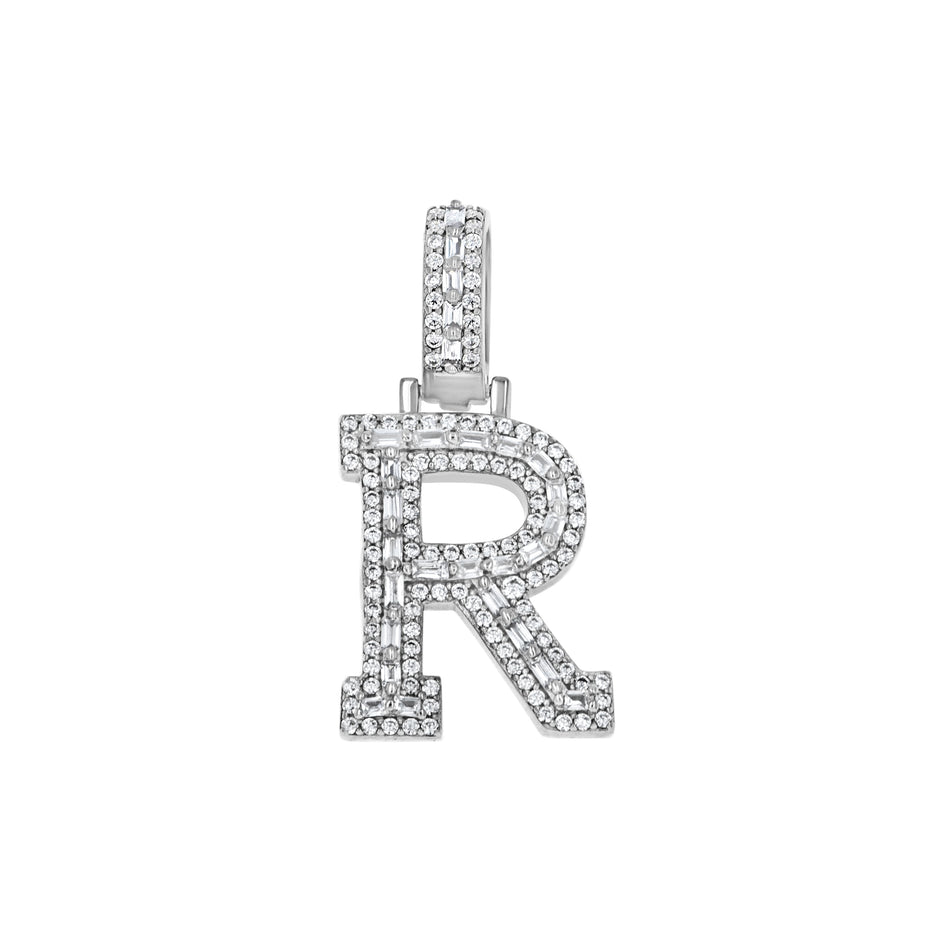 925 Sterling Silver Unisex Round Baguette Cubic Zirconia Initial Letter R Charm Pendant