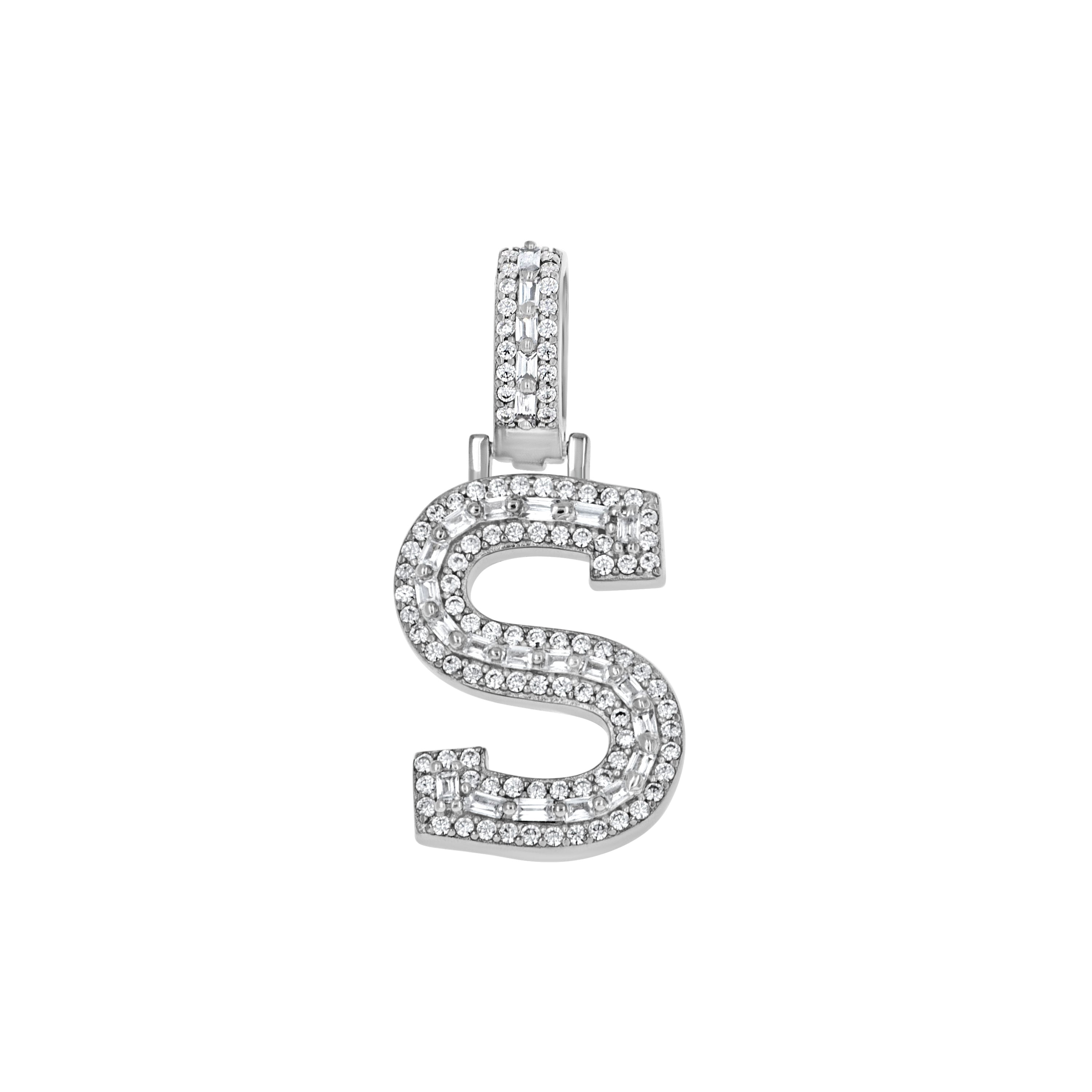 925 Sterling Silver Unisex Round Baguette Cubic Zirconia Initial Letter S Charm Pendant