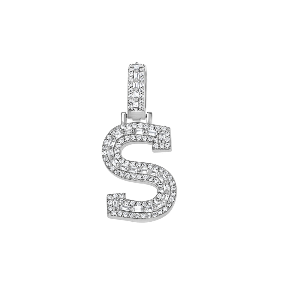 925 Sterling Silver Unisex Round Baguette Cubic Zirconia Initial Letter S Charm Pendant