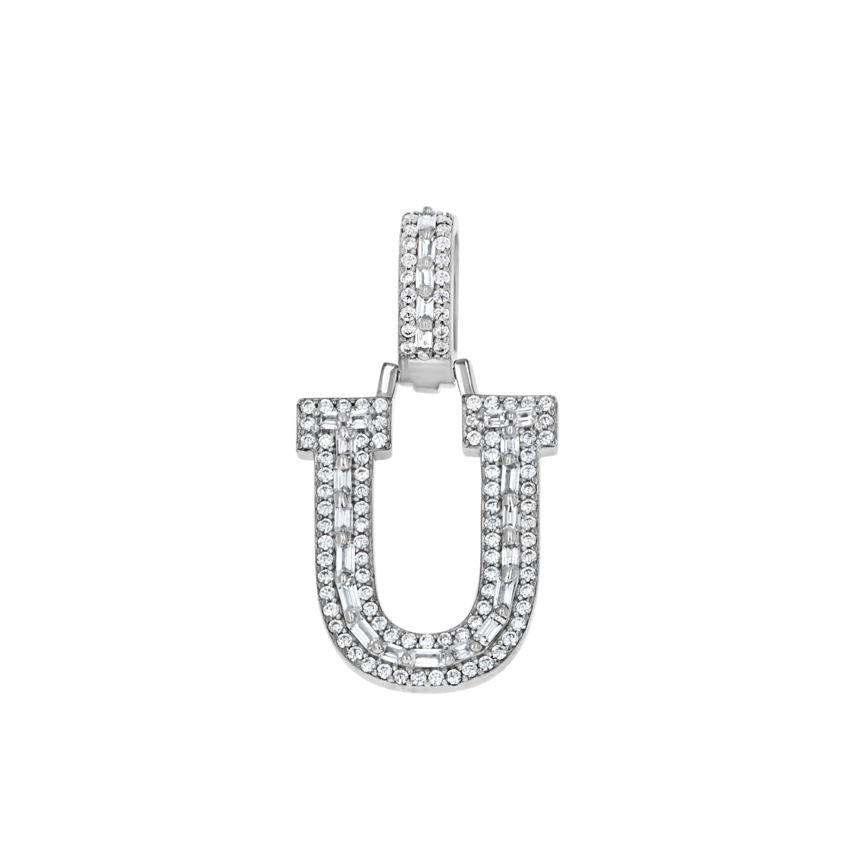 925 Sterling Silver Unisex Round Baguette Cubic Zirconia Initial Letter U Charm Pendant