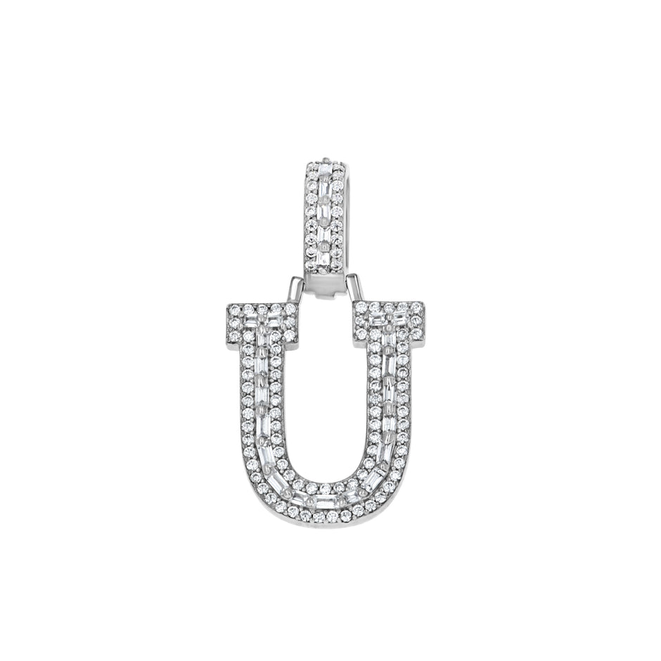 925 Sterling Silver Unisex Round Baguette Cubic Zirconia Initial Letter U Charm Pendant