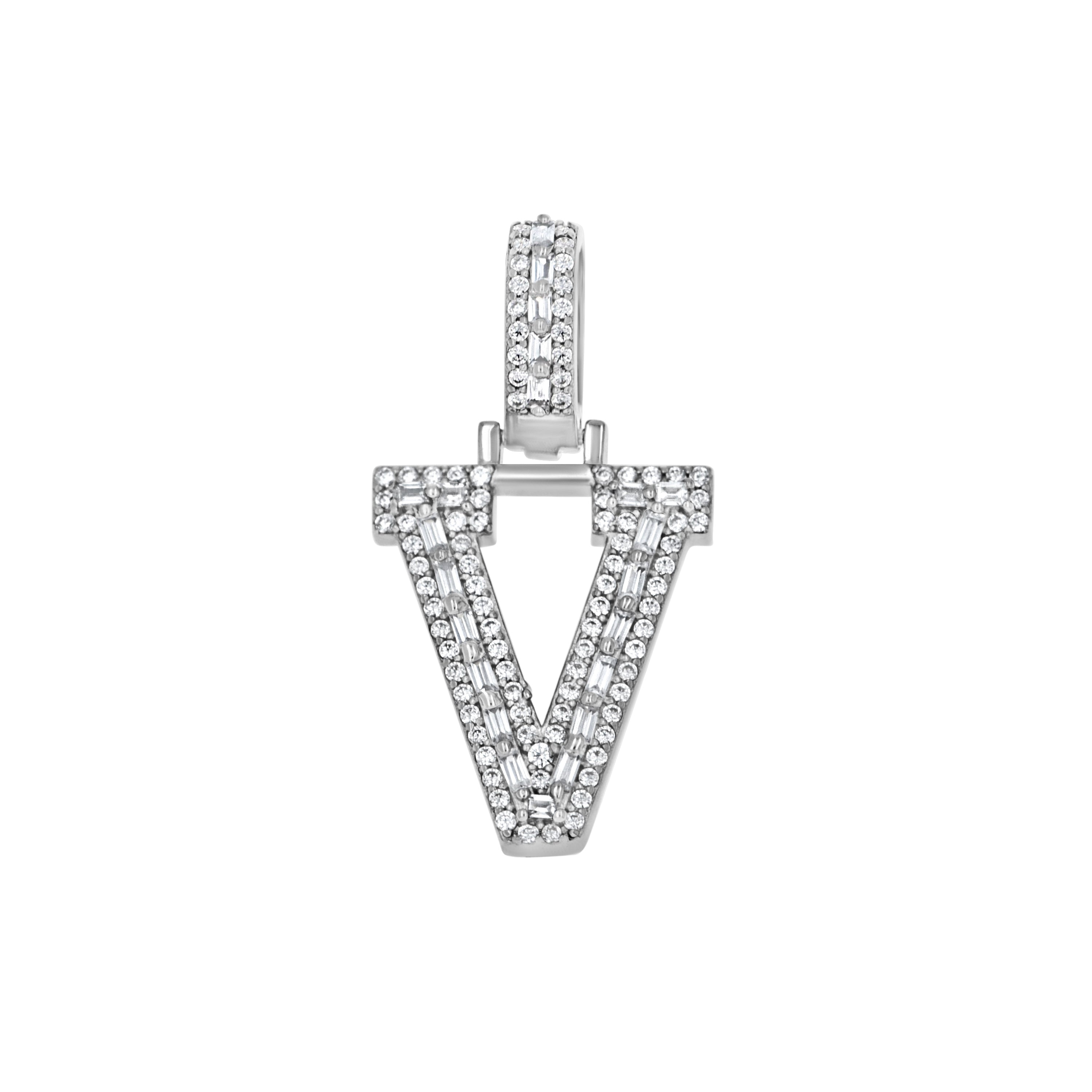 925 Sterling Silver Unisex Round Baguette Cubic Zirconia Initial Letter V Charm Pendant